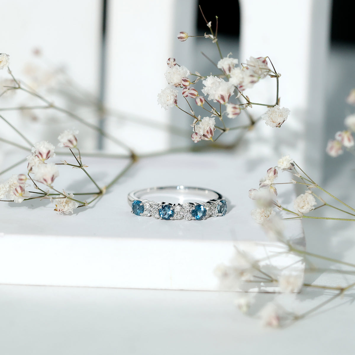 London Blue Topaz Semi Eternity Band with Diamond AAA - Rosec Jewels