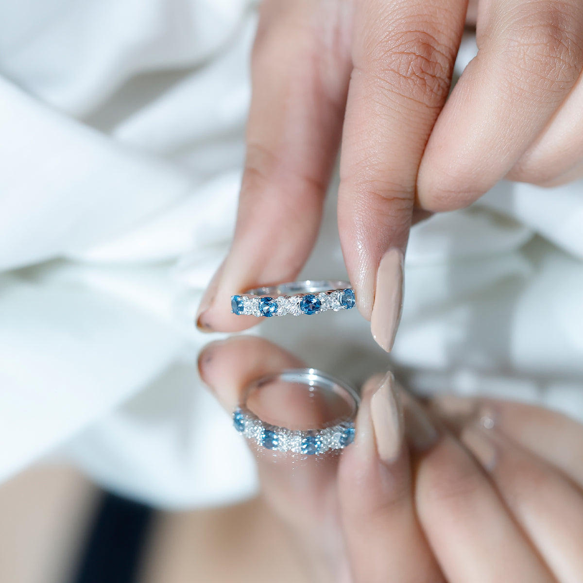 London Blue Topaz Semi Eternity Band with Diamond AAA - Rosec Jewels