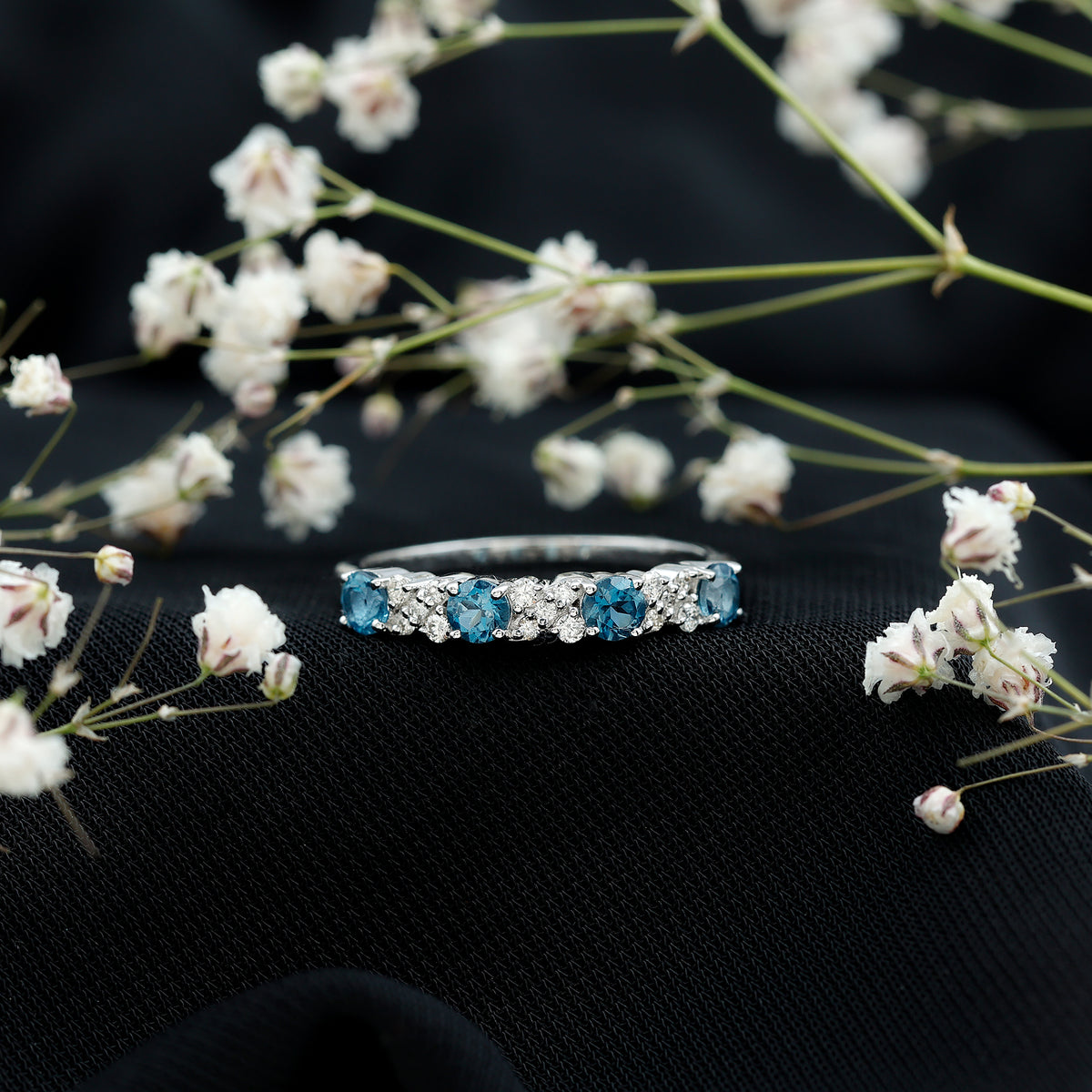 London Blue Topaz Semi Eternity Band with Diamond AAA - Rosec Jewels