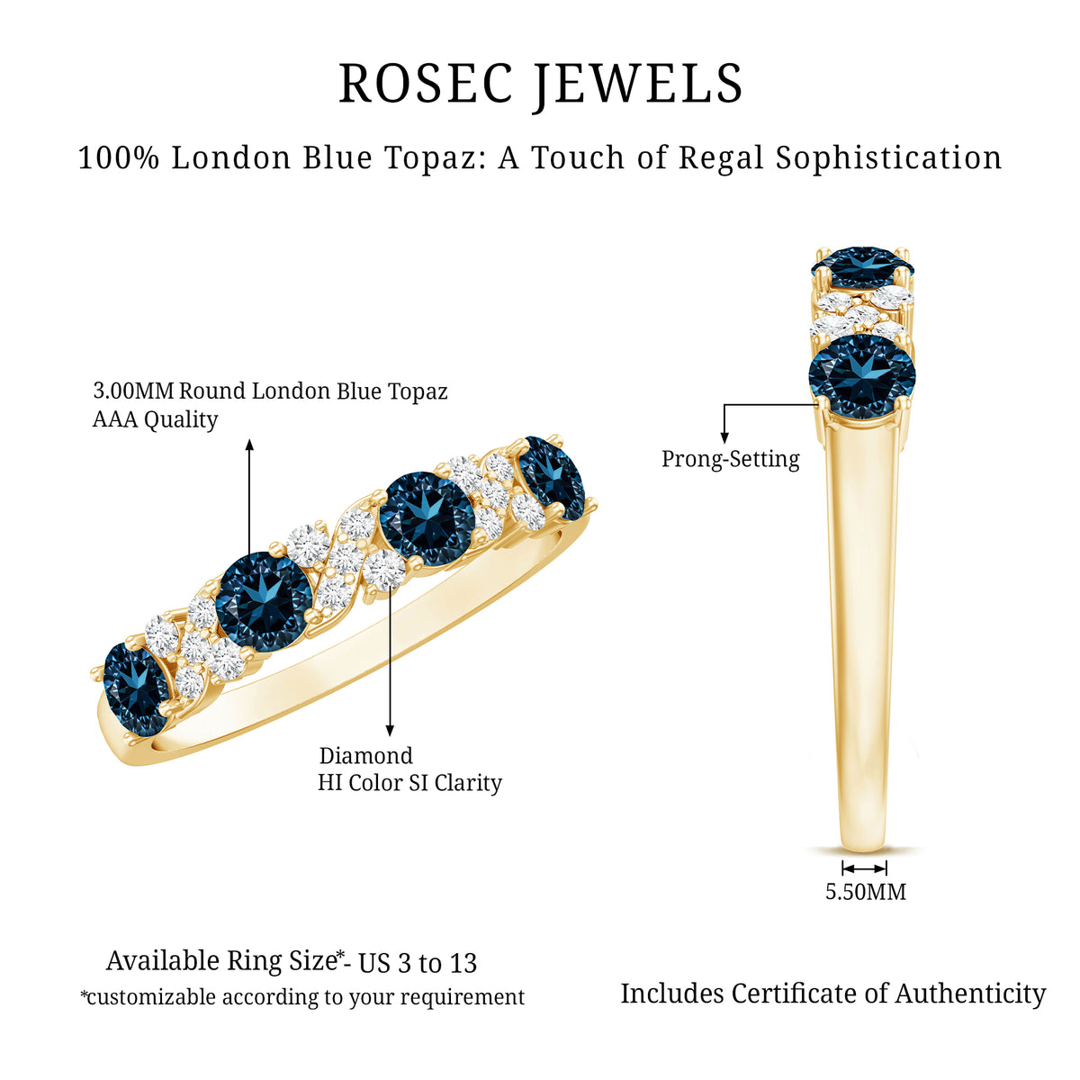 London Blue Topaz Semi Eternity Band with Diamond AAA - Rosec Jewels