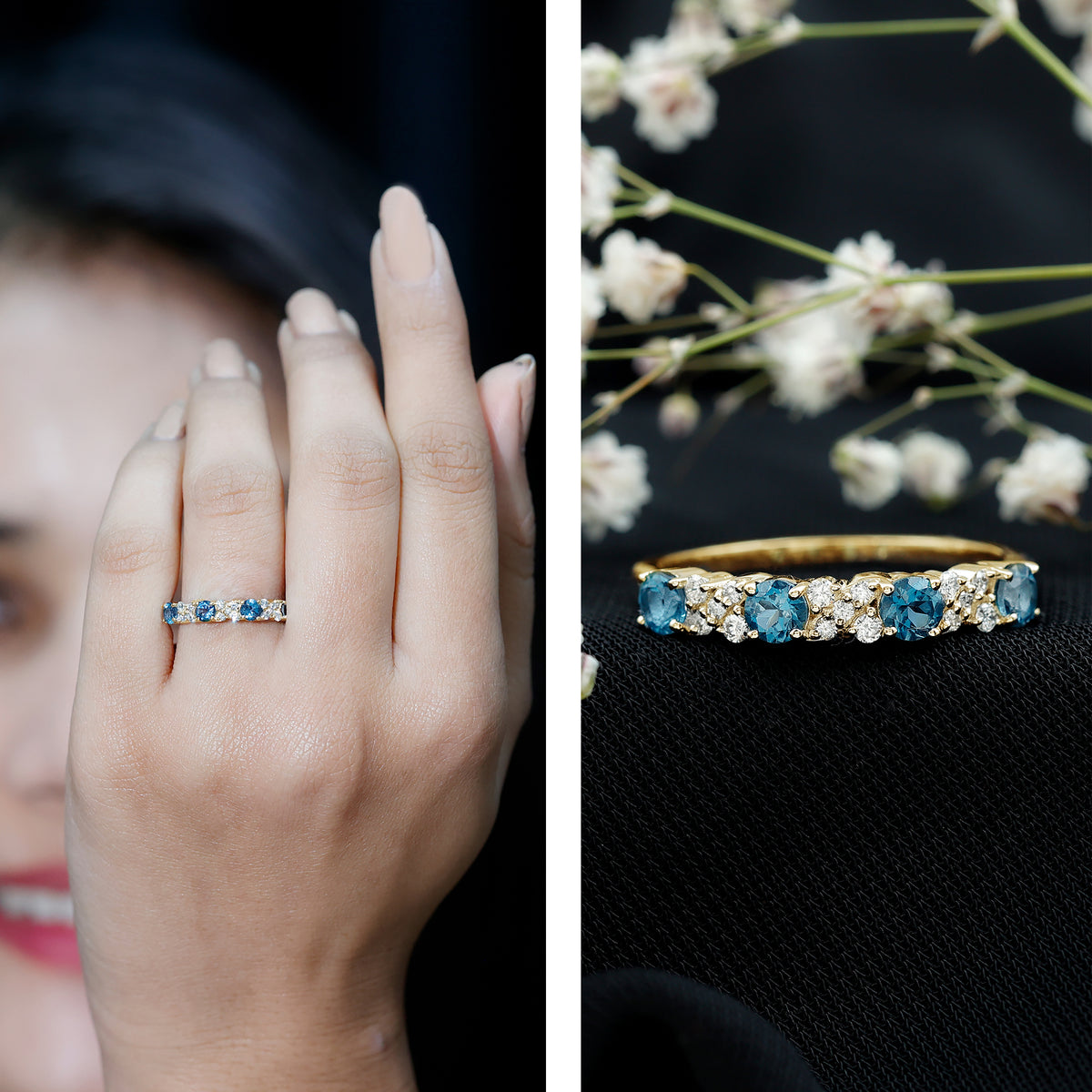 London Blue Topaz Semi Eternity Band with Diamond AAA - Rosec Jewels