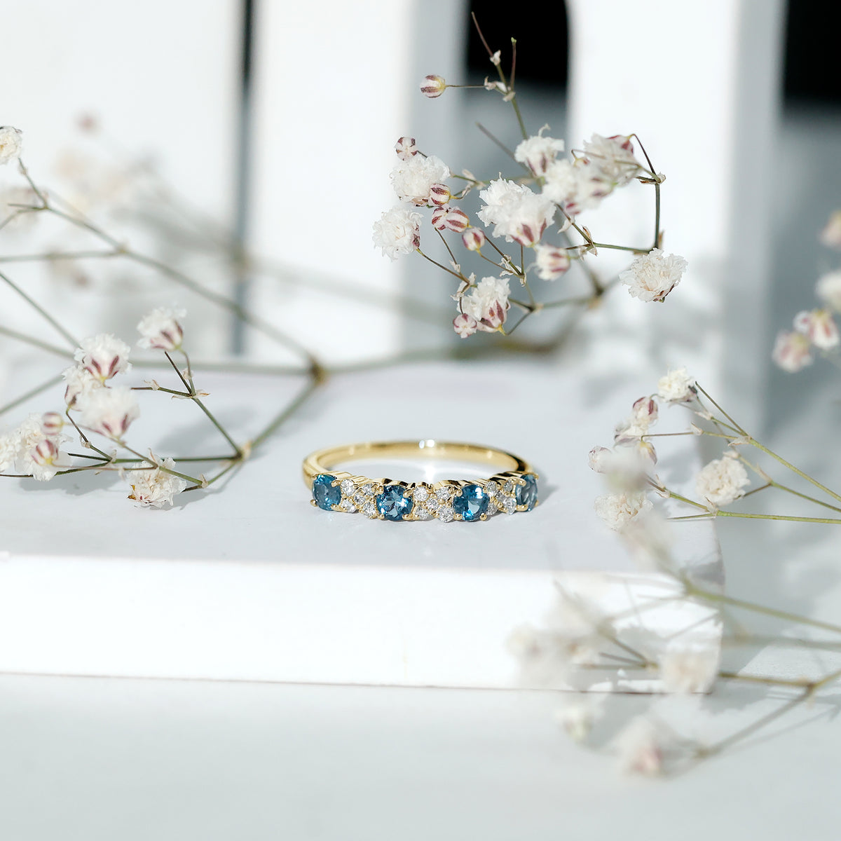 London Blue Topaz Semi Eternity Band with Diamond AAA - Rosec Jewels