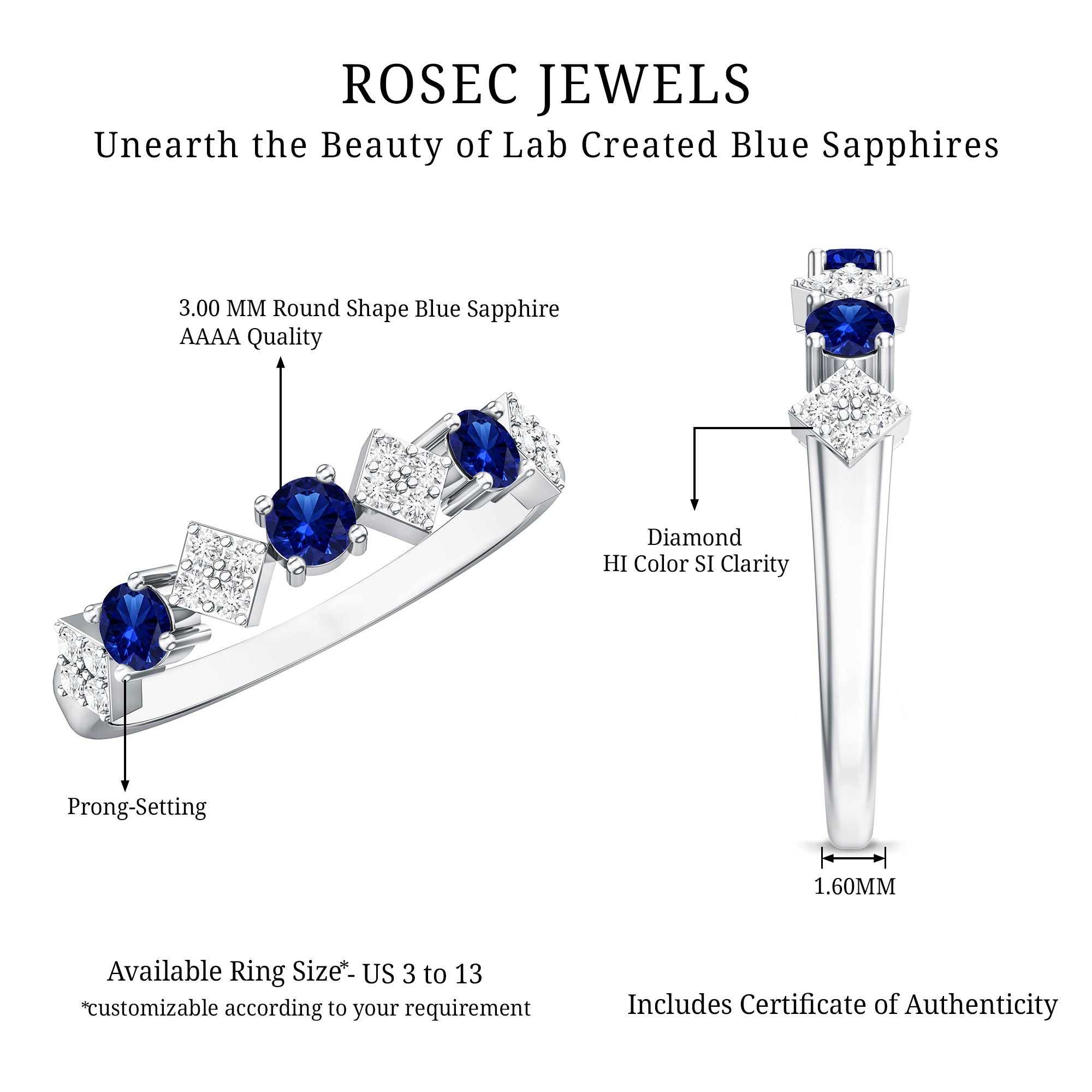 Certified Lab Grown Blue Sapphire Diamond Half Eternity Ring for Women AAAA - Rosec Jewels