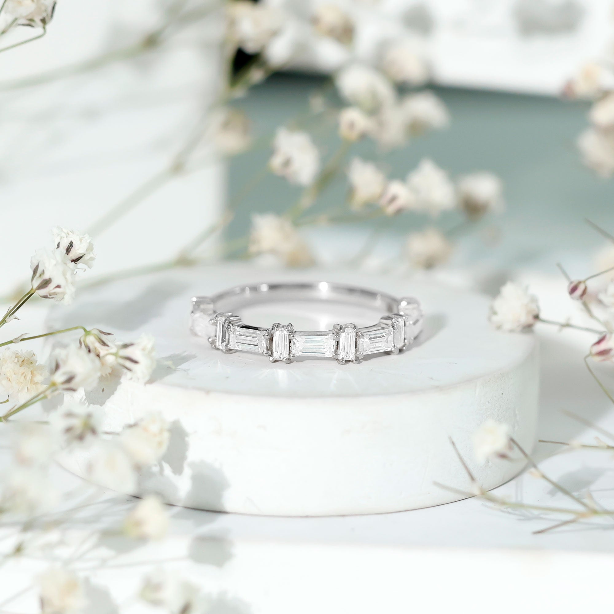 Baguette Cut Moissanite Designer Half Eternity Ring D-VS1 - Rosec Jewels