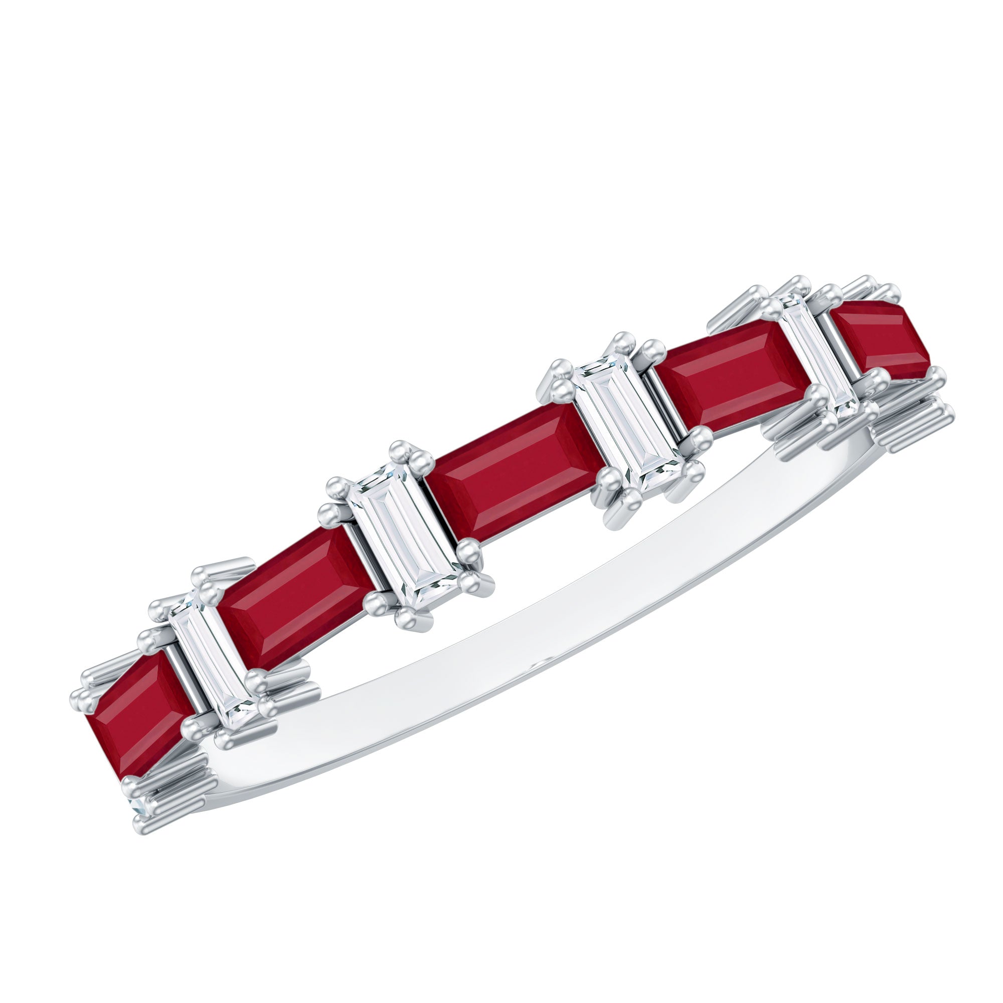Baguette Cut Ruby Half Eternity Ring with Diamond Accent