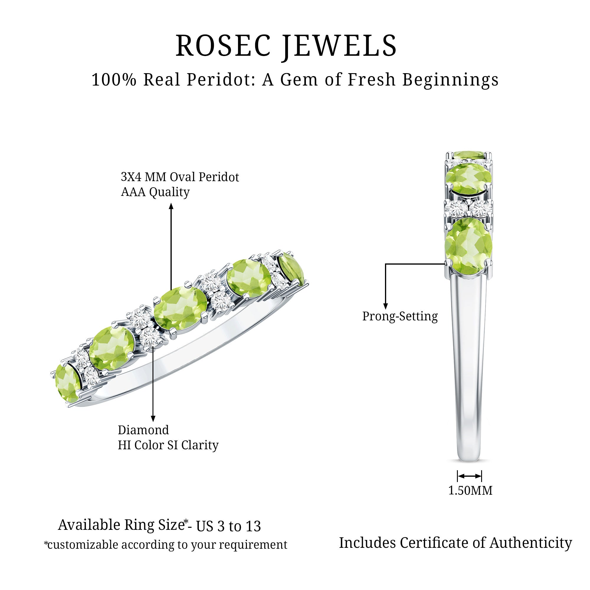 Natural Oval Peridot Diamond Half Eternity Ring in East West Style AAA - Rosec Jewels
