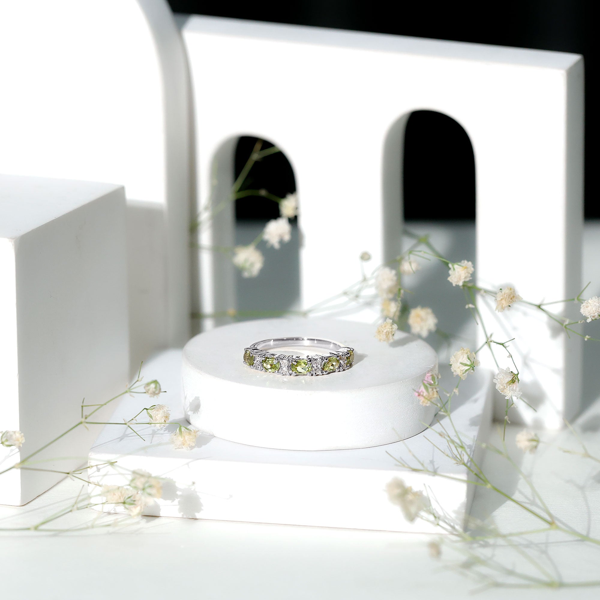 Natural Oval Peridot Diamond Half Eternity Ring in East West Style AAA - Rosec Jewels