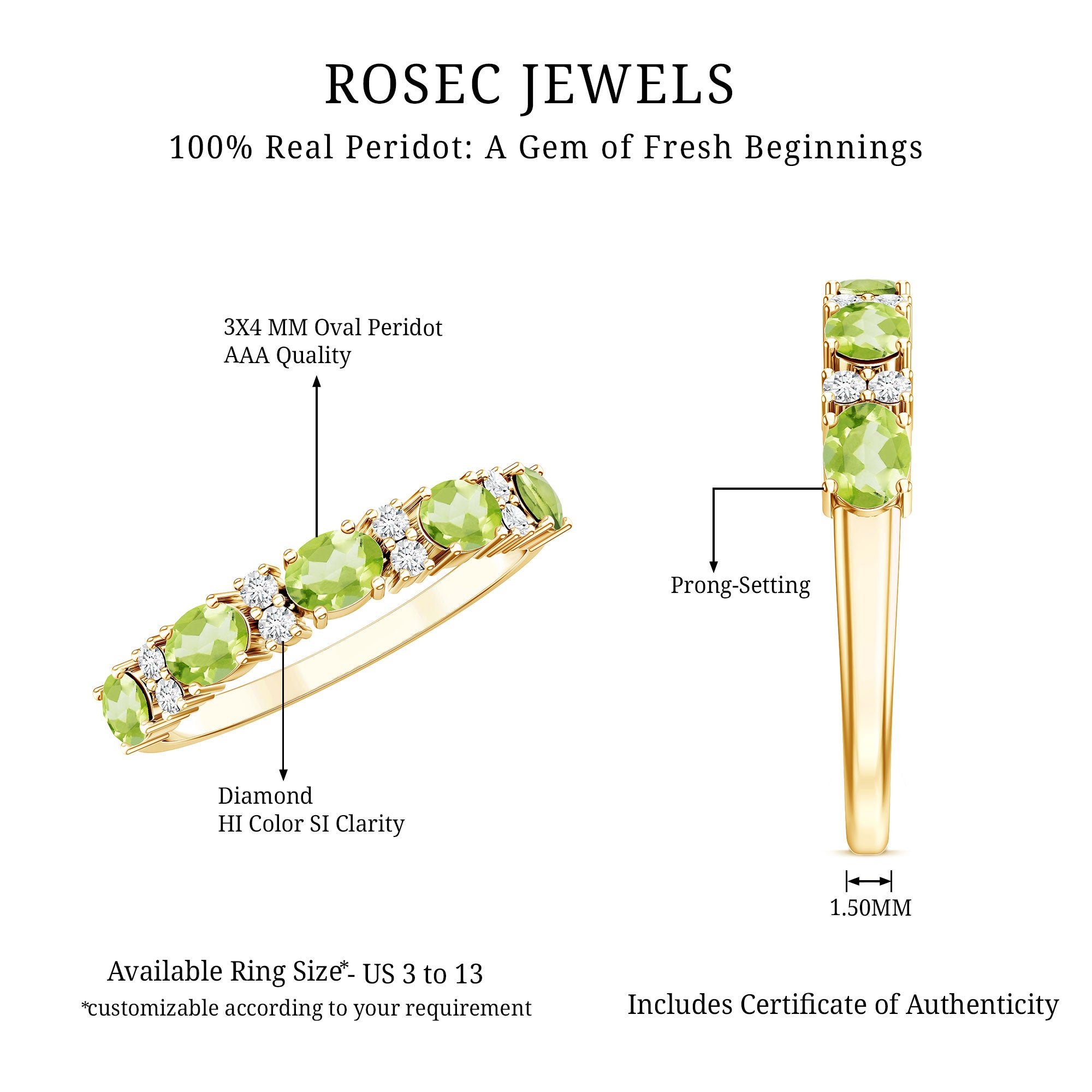 Natural Oval Peridot Diamond Half Eternity Ring in East West Style AAA - Rosec Jewels