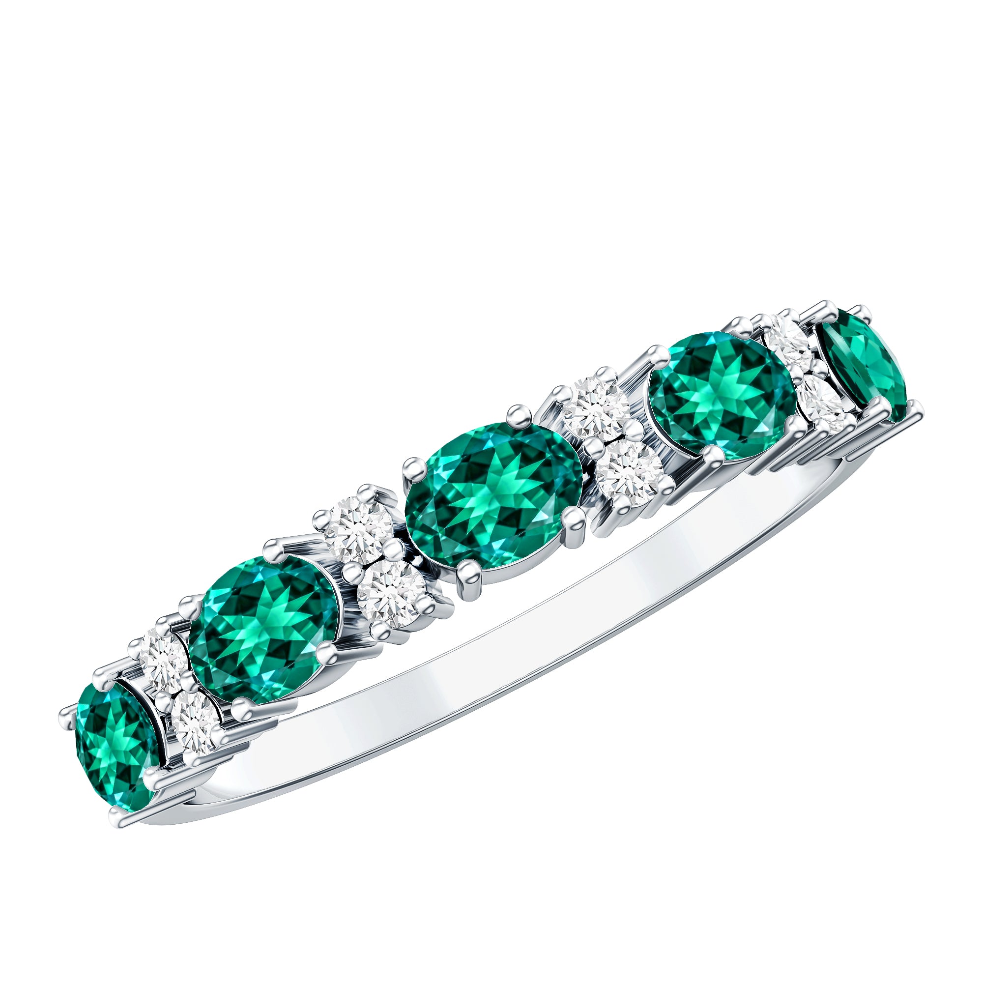 Certified Oval Lab Grown Emerald Half Eternity Ring with Diamond AAAA - Rosec Jewels