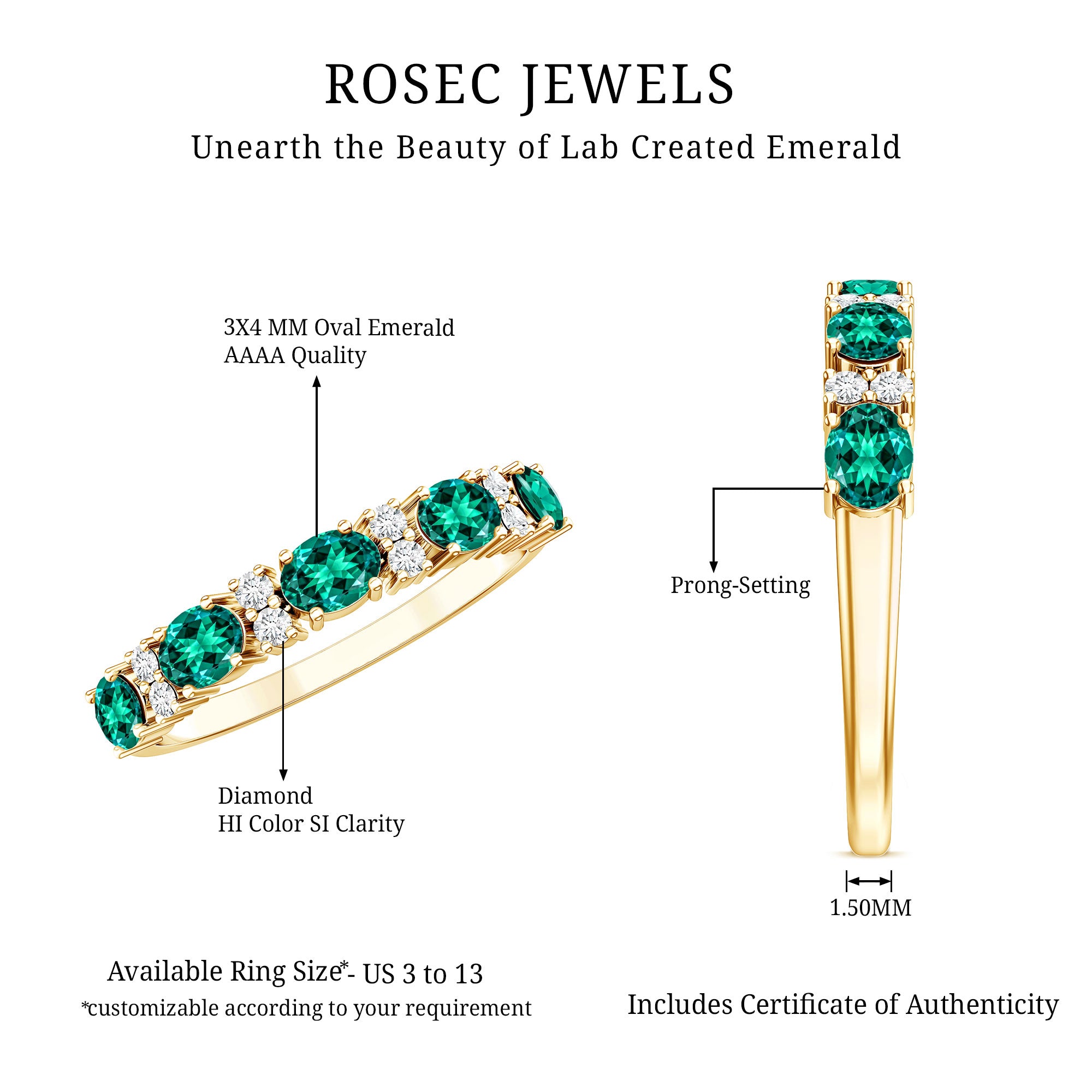 Certified Oval Lab Grown Emerald Half Eternity Ring with Diamond AAAA - Rosec Jewels