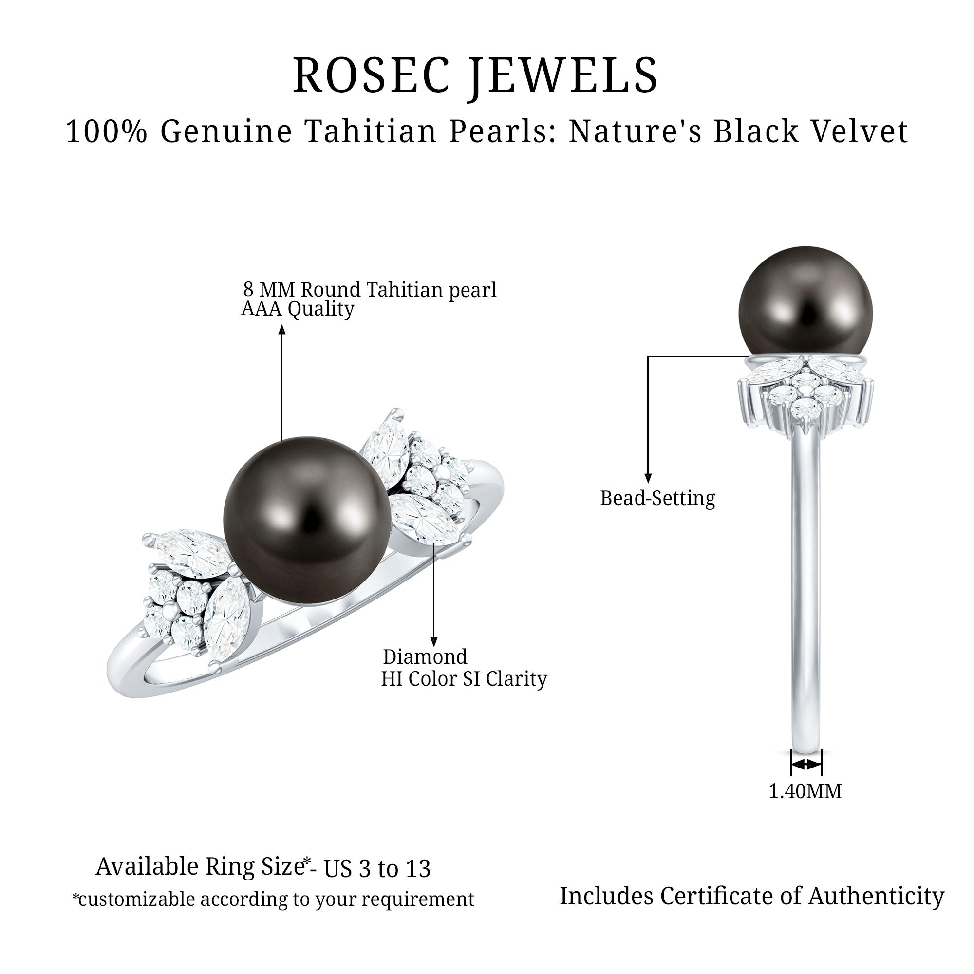 Nature Inspired Tahitian Pearl Engagement Ring with Diamond AAA - Rosec Jewels