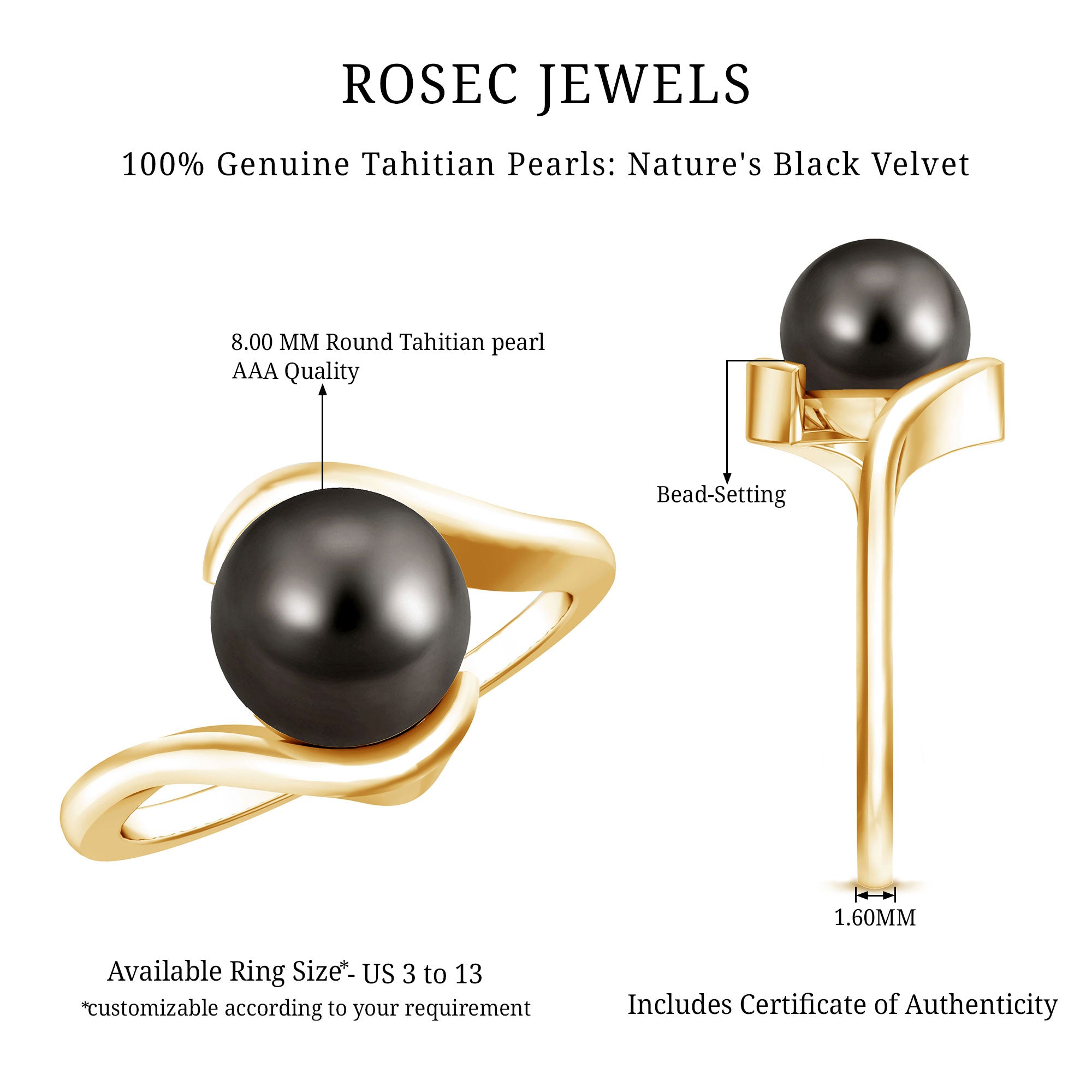 8 Carat Certified Tahitian Black Pearl Solitaire Bypass Ring AAA - Rosec Jewels