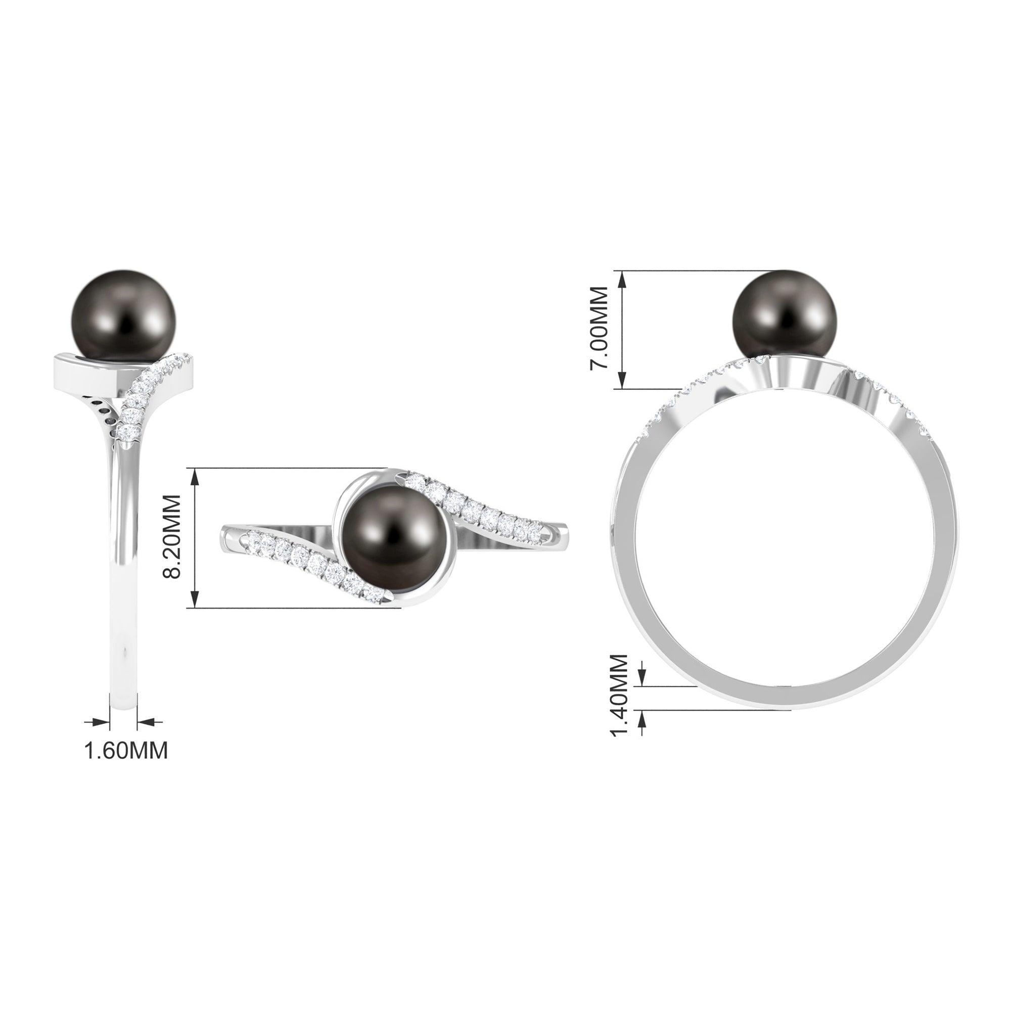 Solitaire Tahitian Pearl Bypass Engagement Ring with Diamond AAA - Rosec Jewels