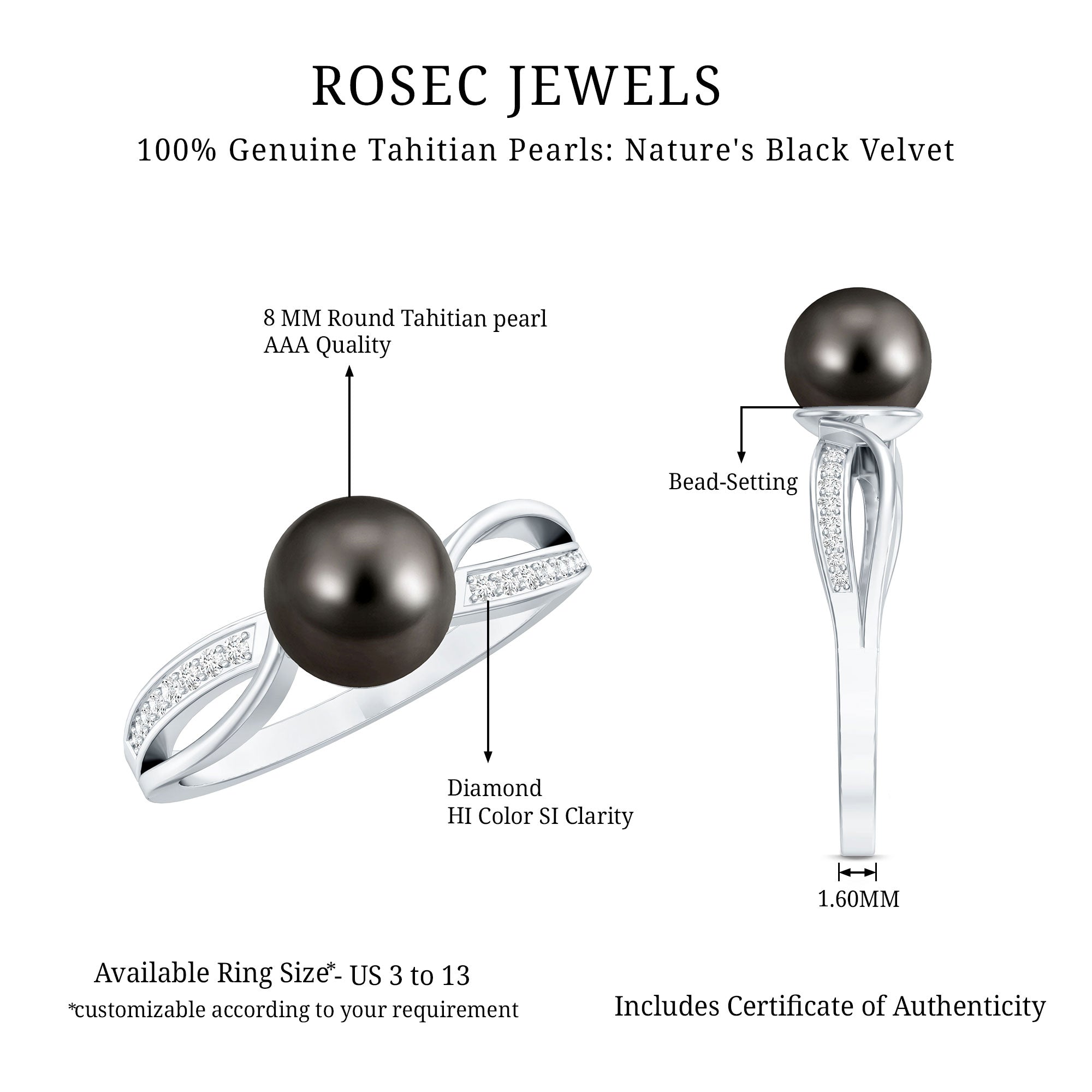 7.25 CT Solitaire Tahitian Pearl Engagement Ring with Diamond AAA - Rosec Jewels