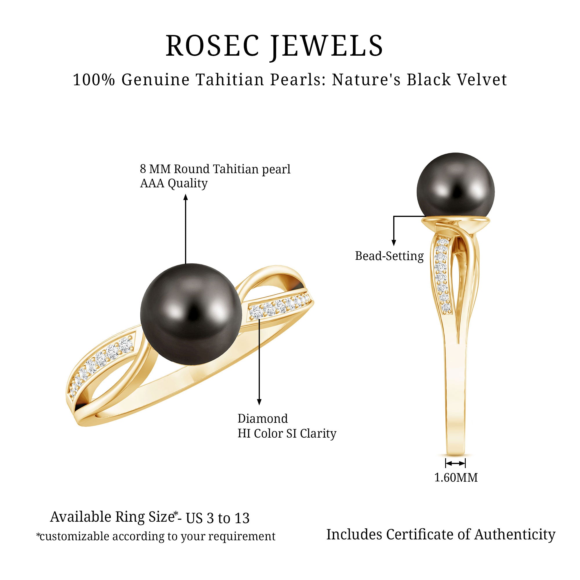 7.25 CT Solitaire Tahitian Pearl Engagement Ring with Diamond AAA - Rosec Jewels