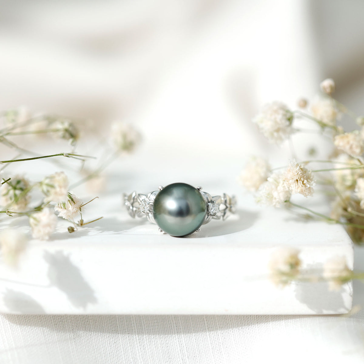 7.5 Carat Genuine Tahitian Black Pearl Flower Engagement Ring with Diamond AAA - Rosec Jewels