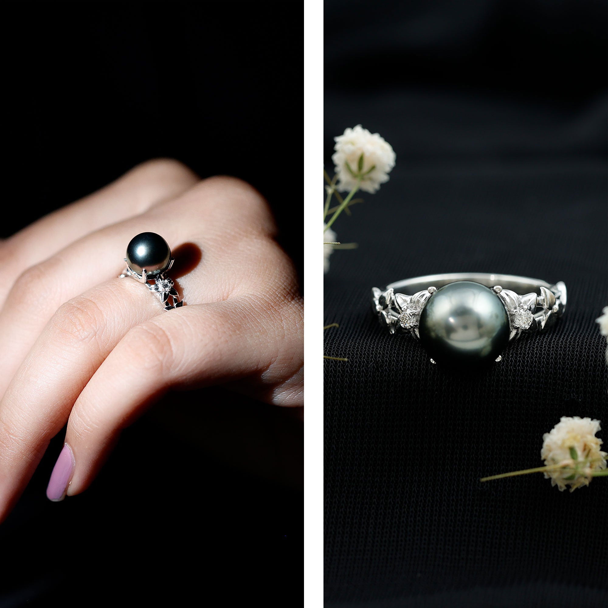Genuine 8 Carat Tahitian Black Pearl Flower Engagement Ring with Diamond AAA - Rosec Jewels