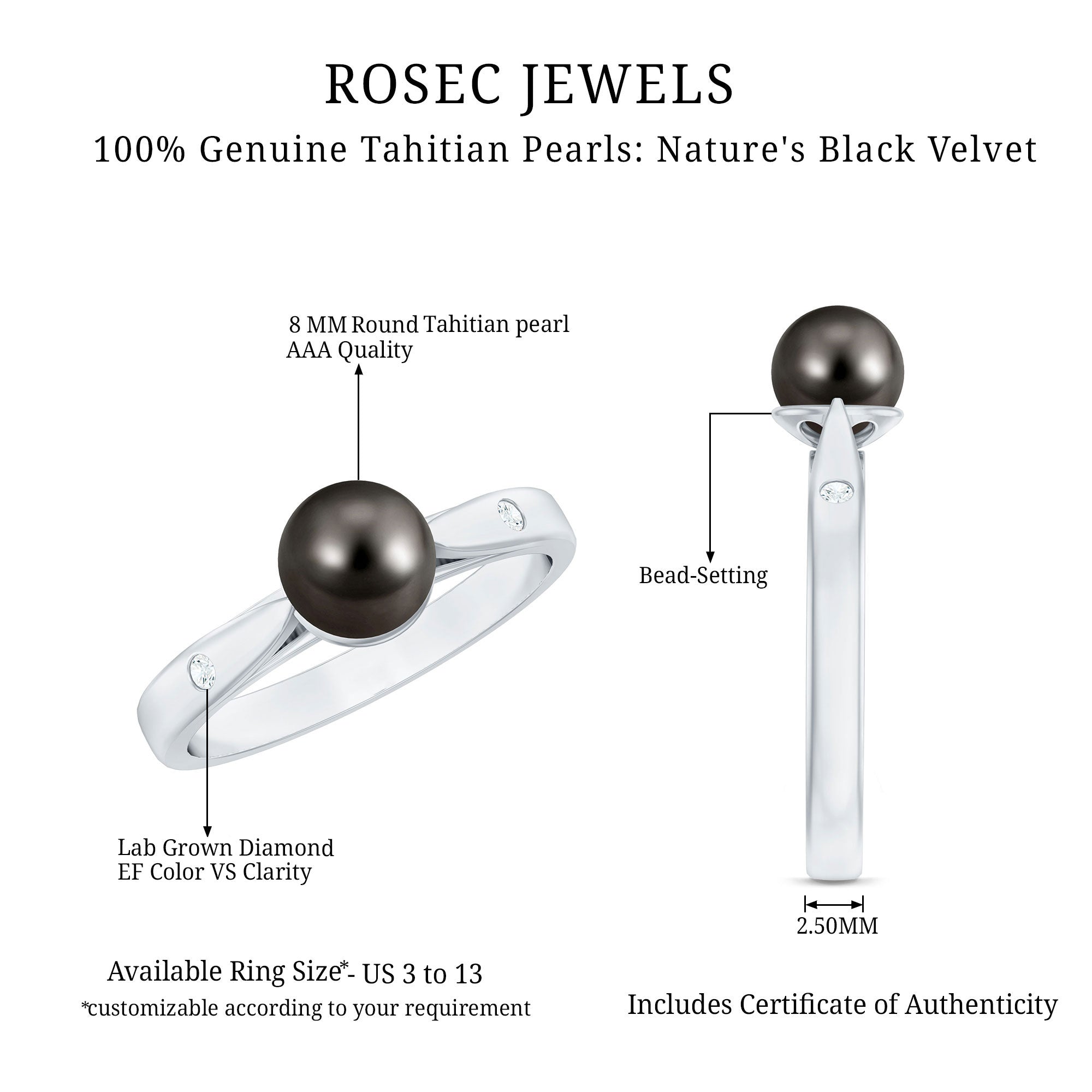 Solitaire Black Tahitian Pearl Engagement Ring with Certificate AAA - Rosec Jewels