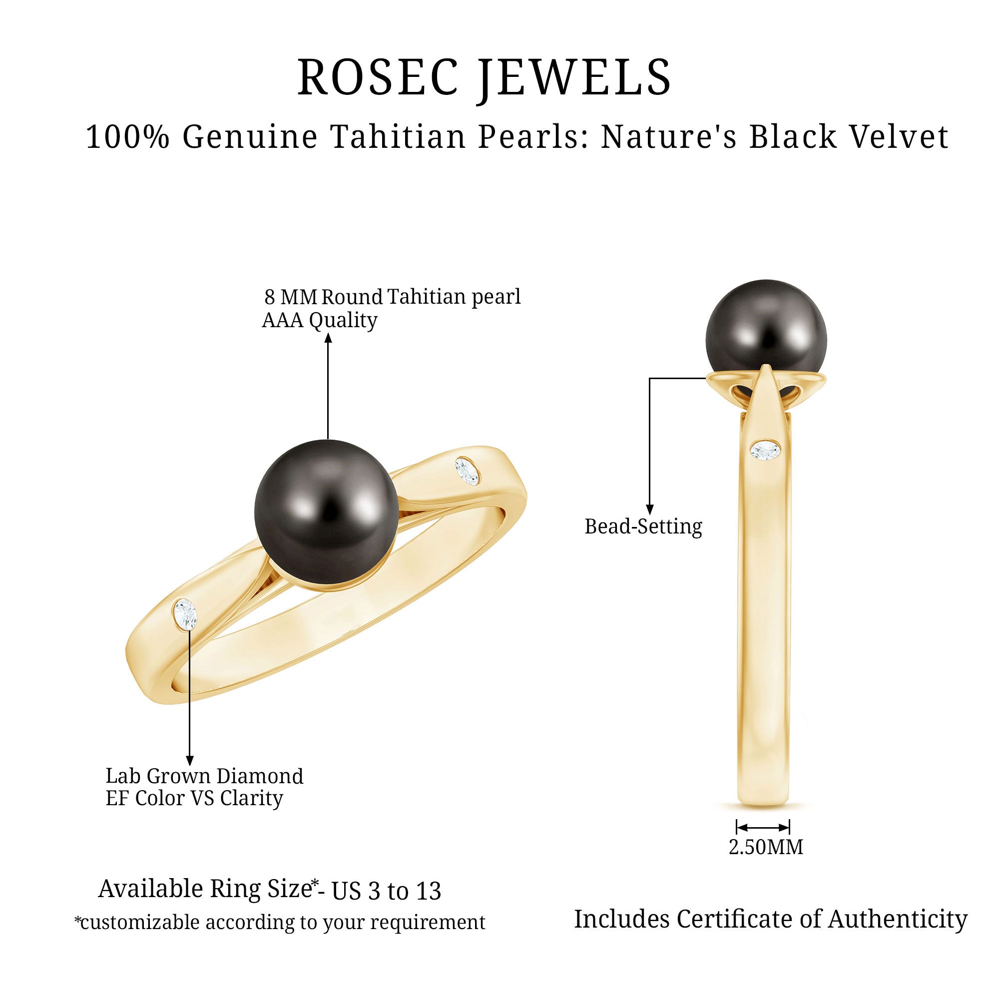 Solitaire Black Tahitian Pearl Engagement Ring with Certificate AAA - Rosec Jewels