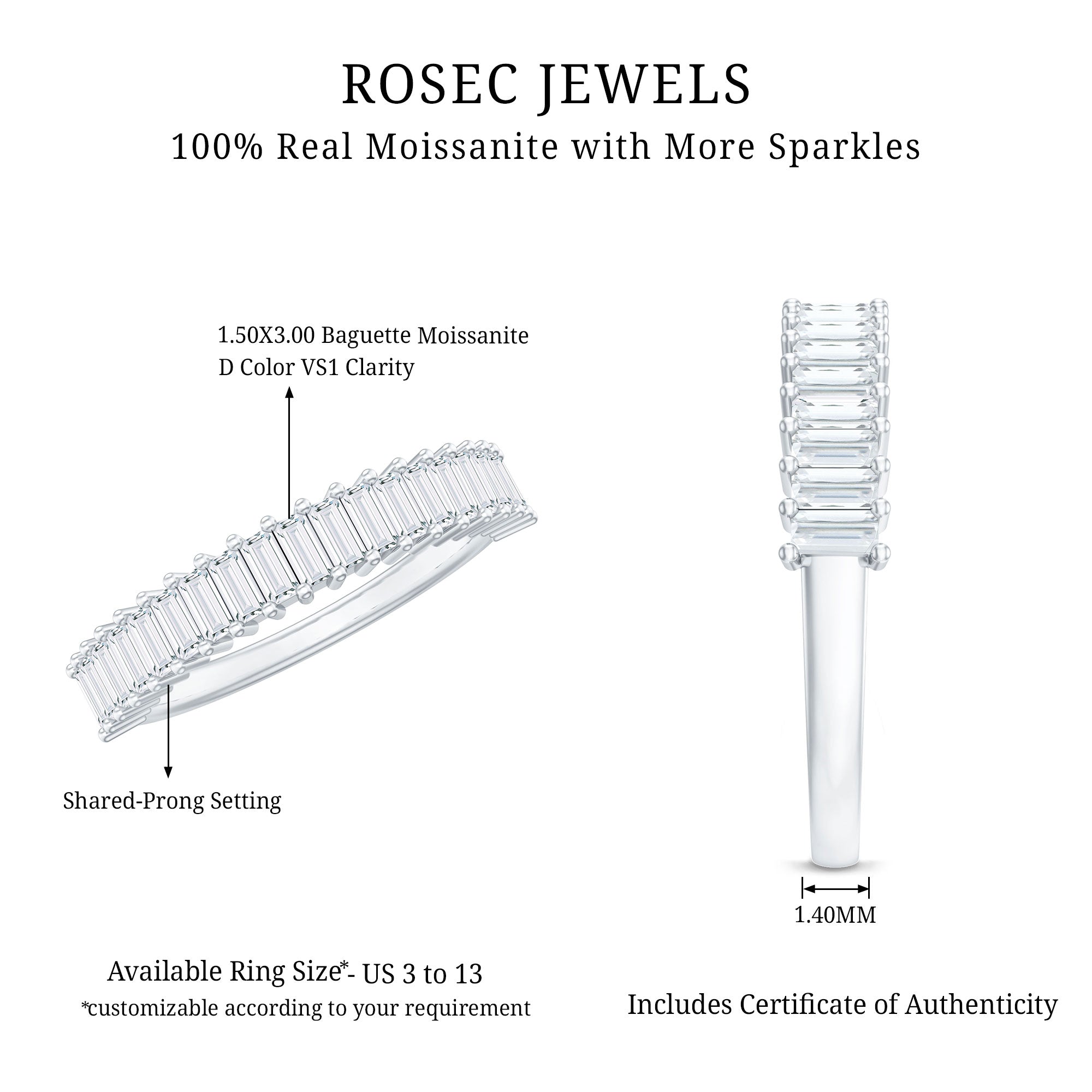 Certified Baguette Cut Moissanite Half Eternity Band Ring D-VS1 - Rosec Jewels
