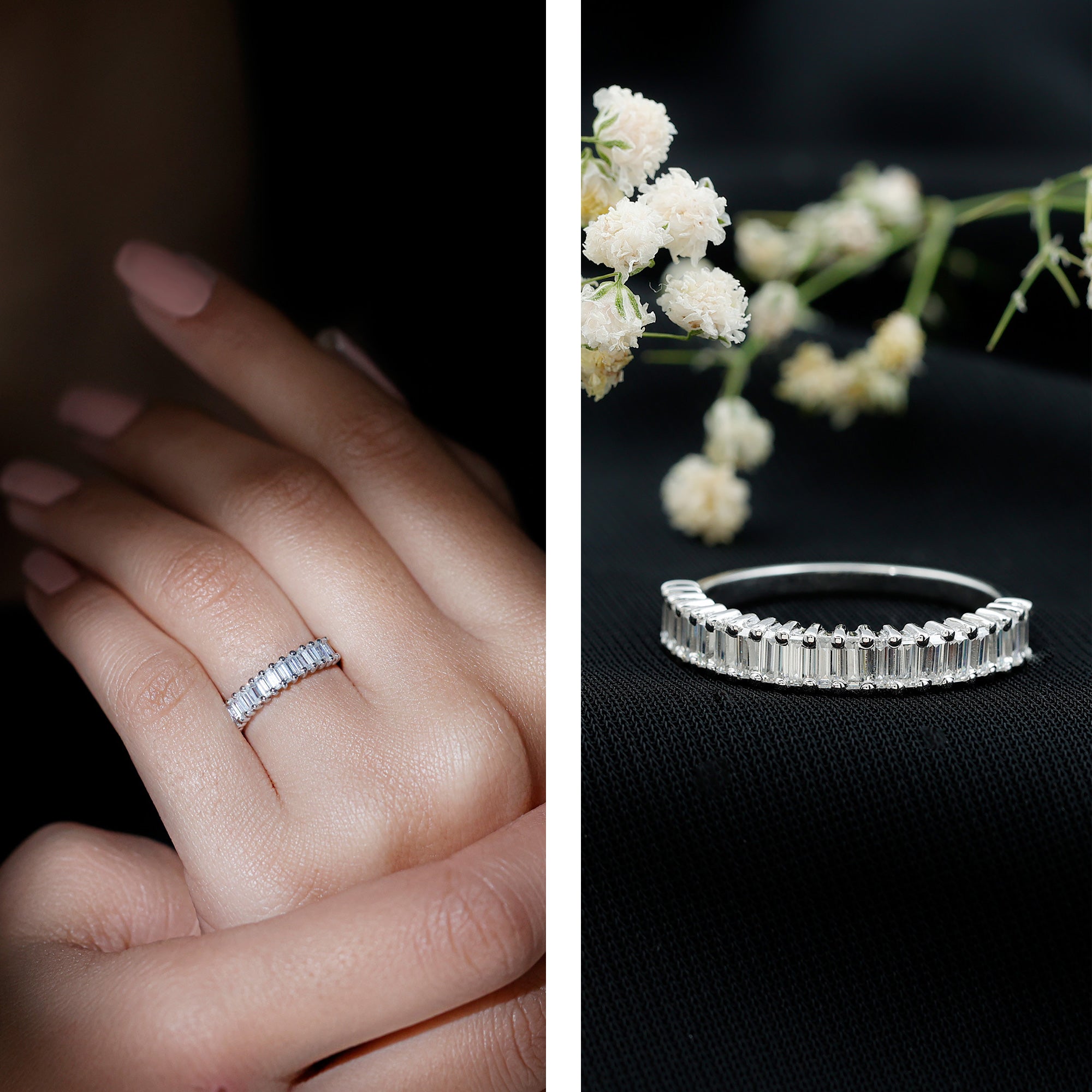 Certified Baguette Cut Moissanite Half Eternity Band Ring D-VS1 - Rosec Jewels