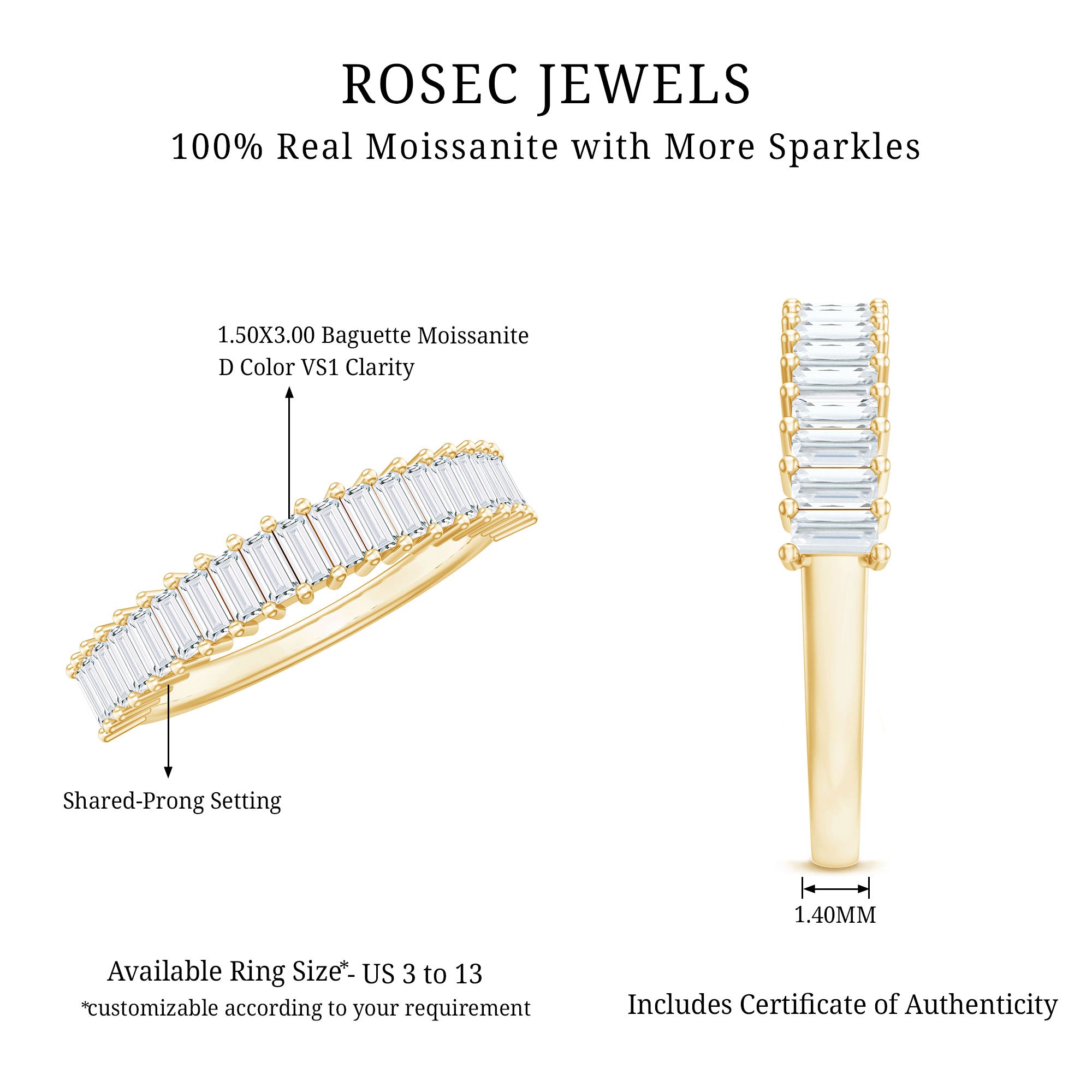 Certified Baguette Cut Moissanite Half Eternity Band Ring D-VS1 - Rosec Jewels