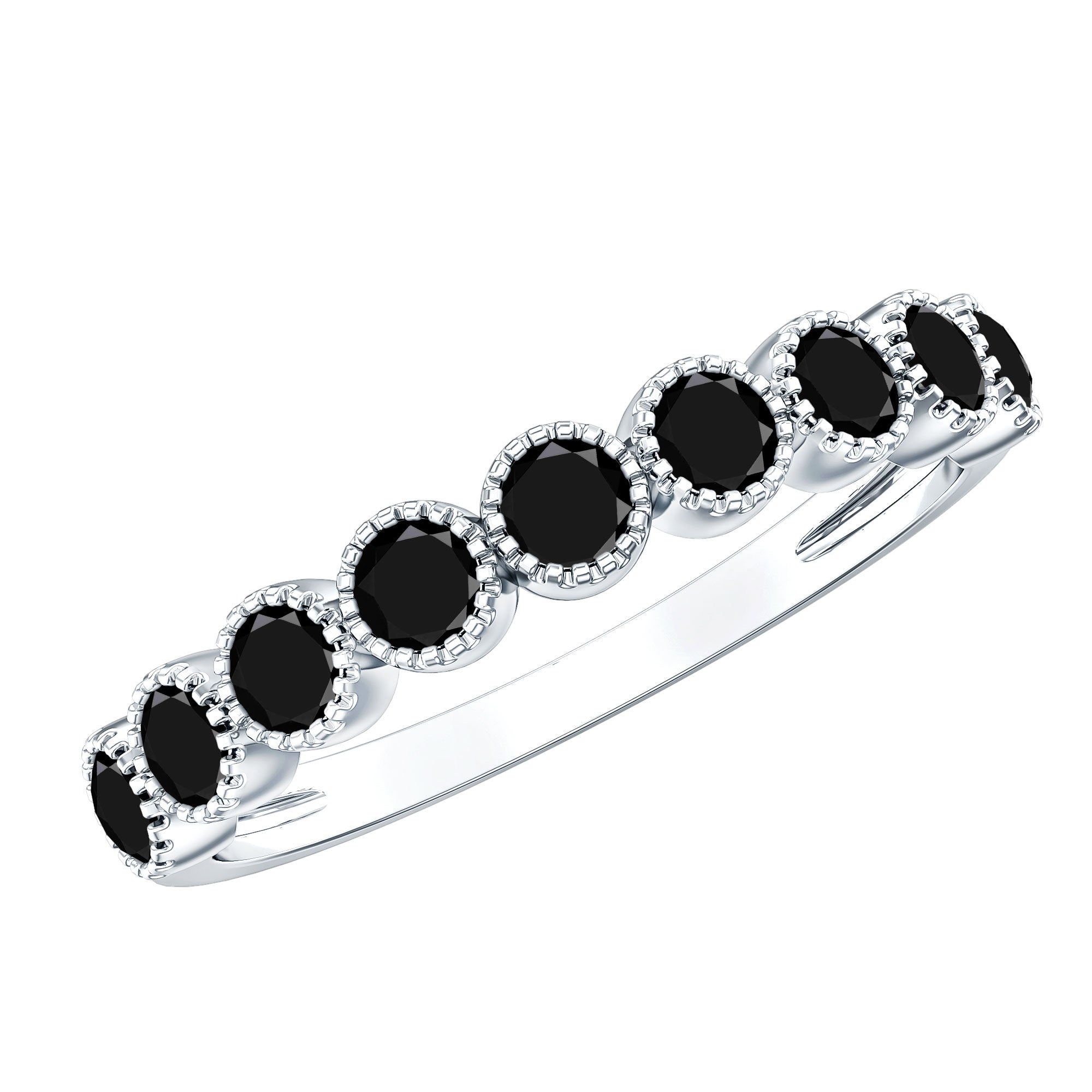 Beaded Bezel Set Black Onyx Half Eternity Wedding Band AAA - Rosec Jewels