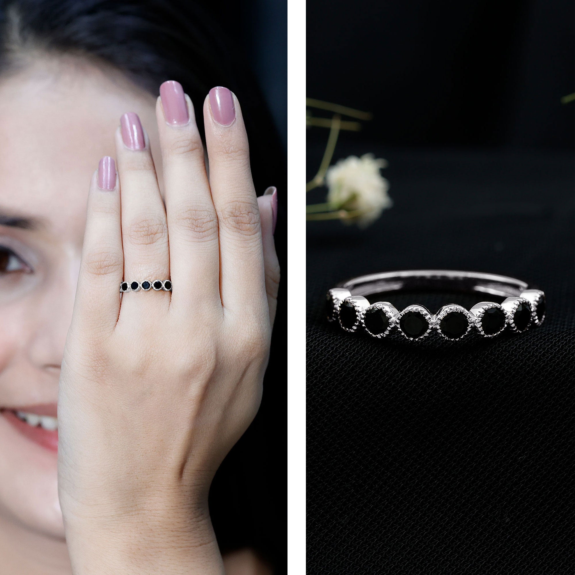 Beaded Bezel Set Black Onyx Half Eternity Wedding Band AAA - Rosec Jewels