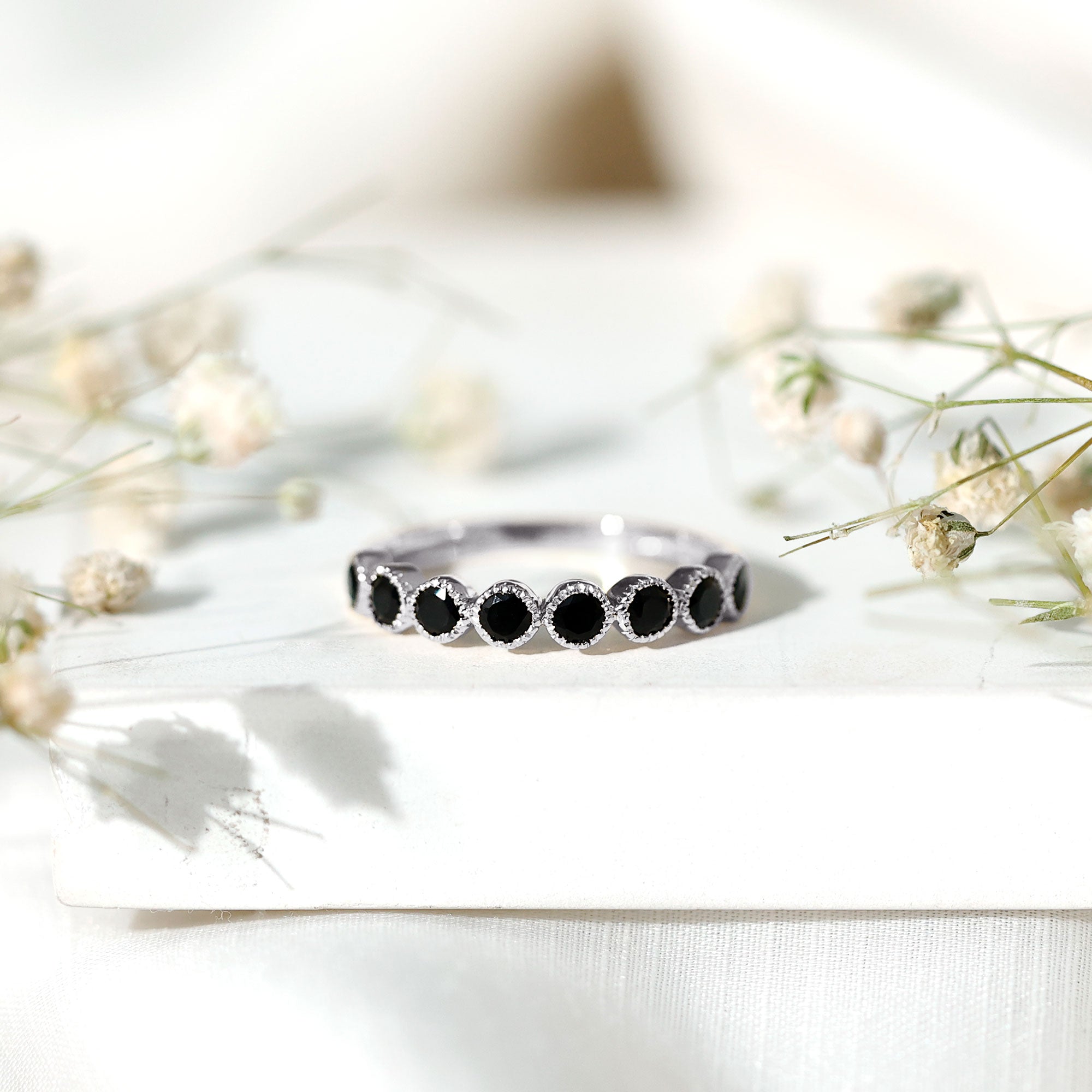 Beaded Bezel Set Black Onyx Half Eternity Wedding Band AAA - Rosec Jewels
