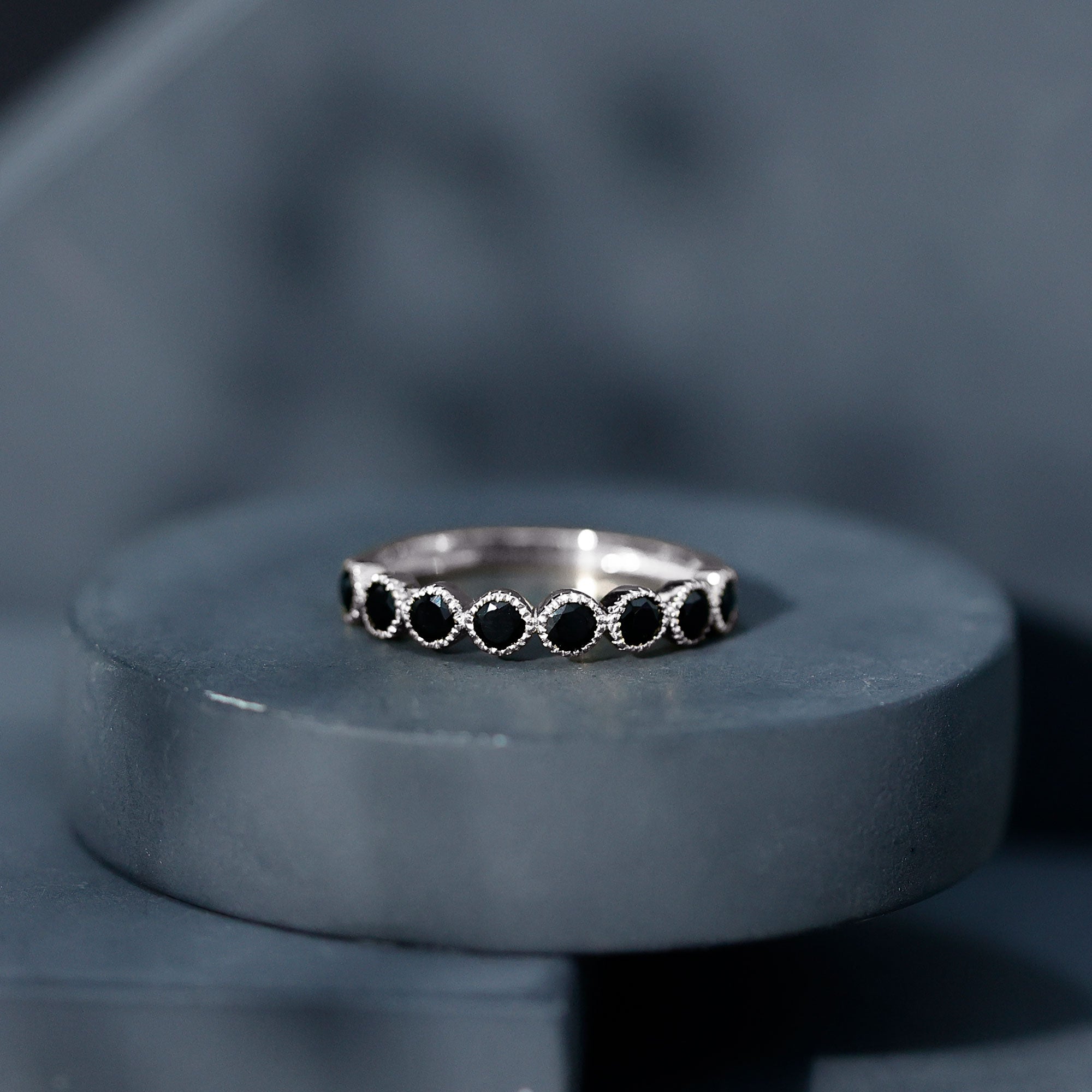 Beaded Bezel Set Black Onyx Half Eternity Wedding Band AAA - Rosec Jewels
