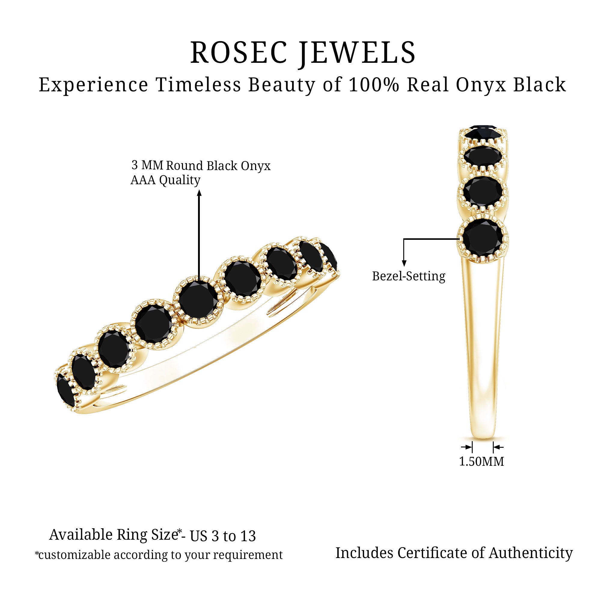 Beaded Bezel Set Black Onyx Half Eternity Wedding Band AAA - Rosec Jewels