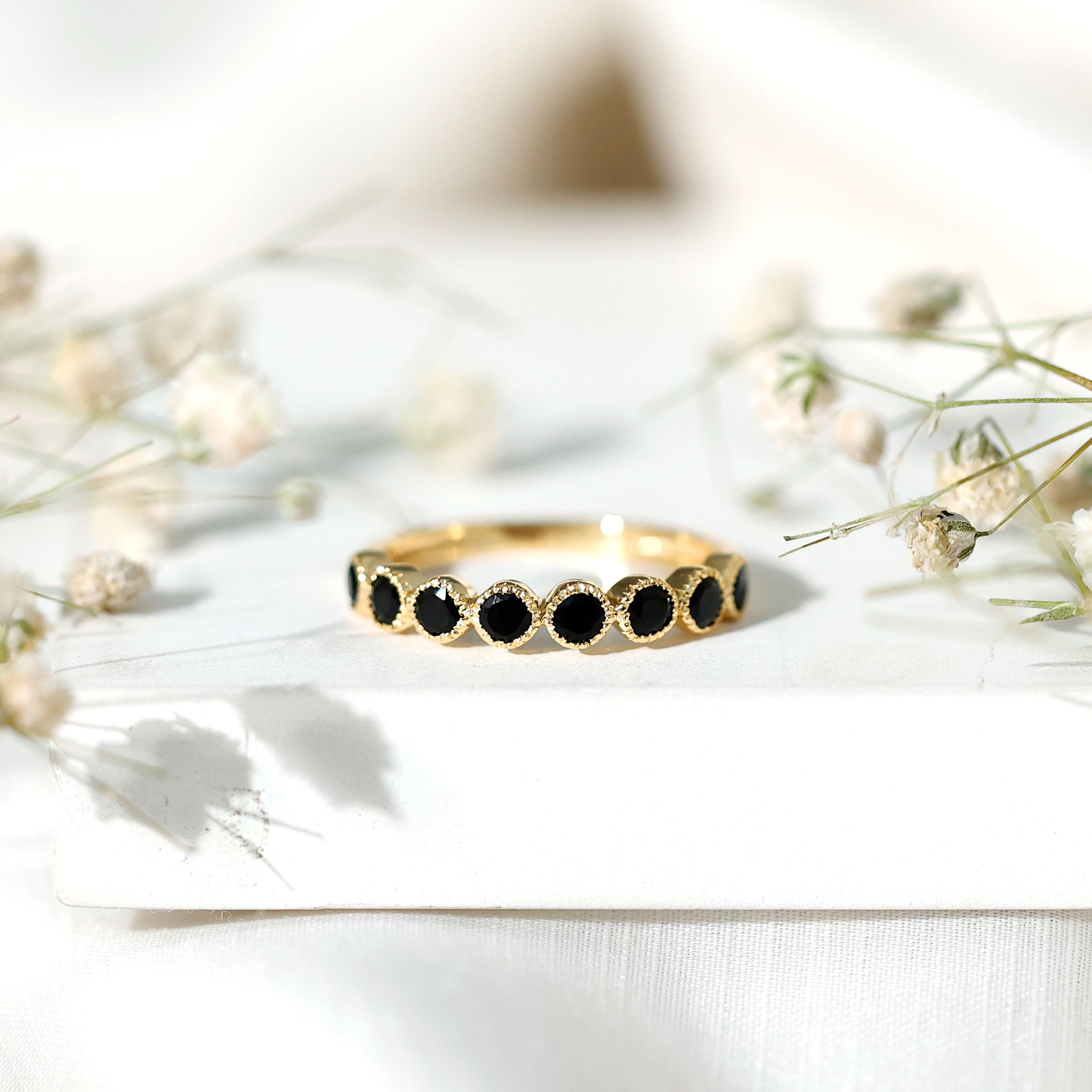 Beaded Bezel Set Black Onyx Half Eternity Wedding Band AAA - Rosec Jewels