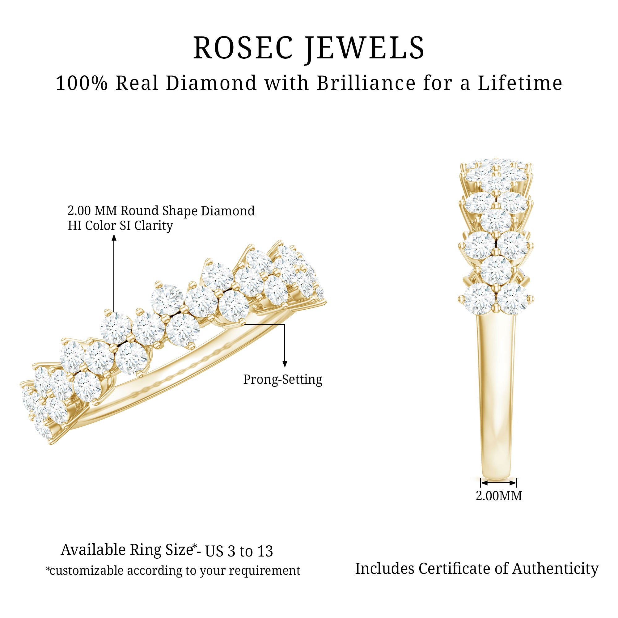 Natural Diamond Half Eternity Wedding Band with Certificate Natural - ( HI-SI ) - Rosec Jewels