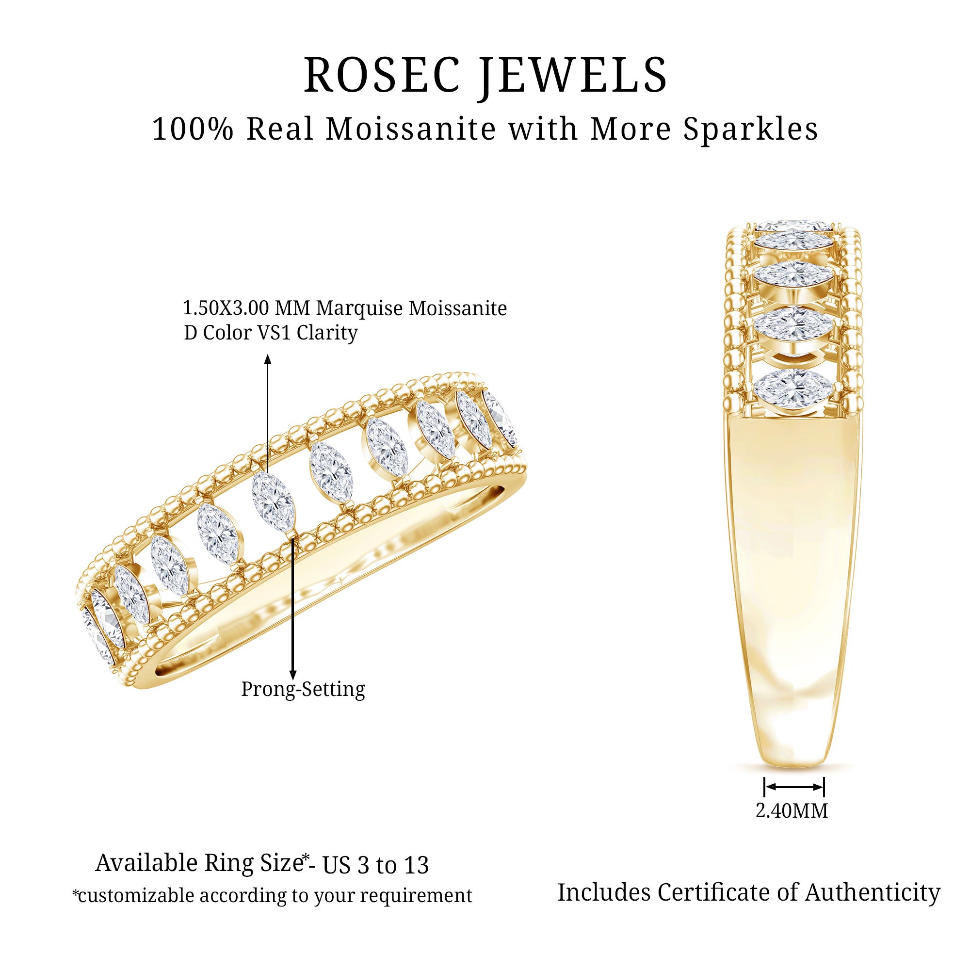 Marquise Moissanite Half Eternity Band Ring D-VS1 - Rosec Jewels