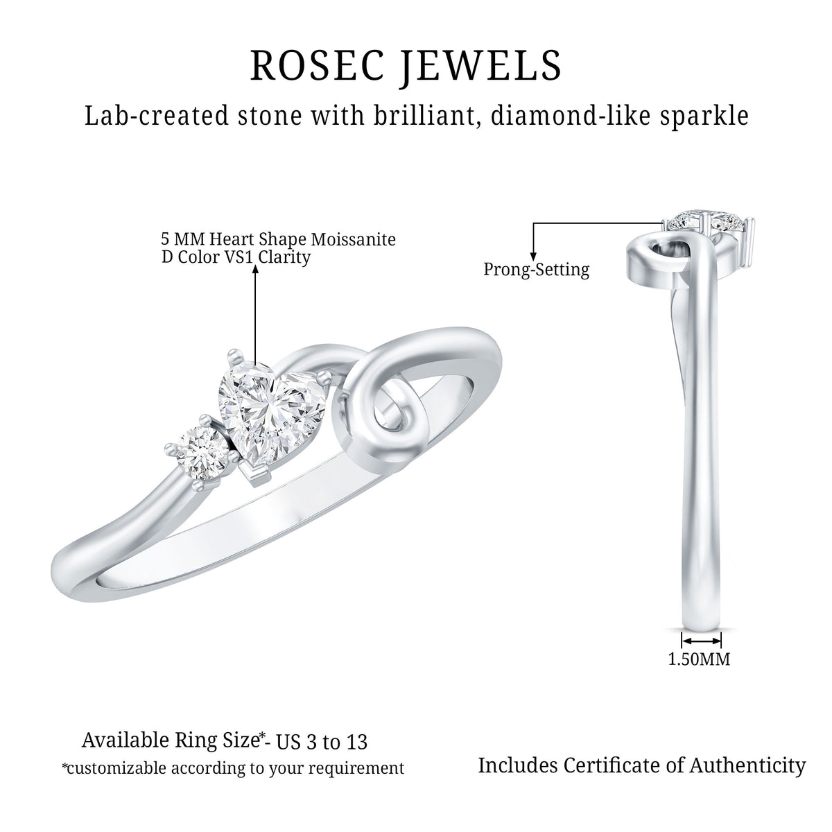 Certified Moissanite Heart Promise Ring with Twisted Shank D-VS1 - Rosec Jewels