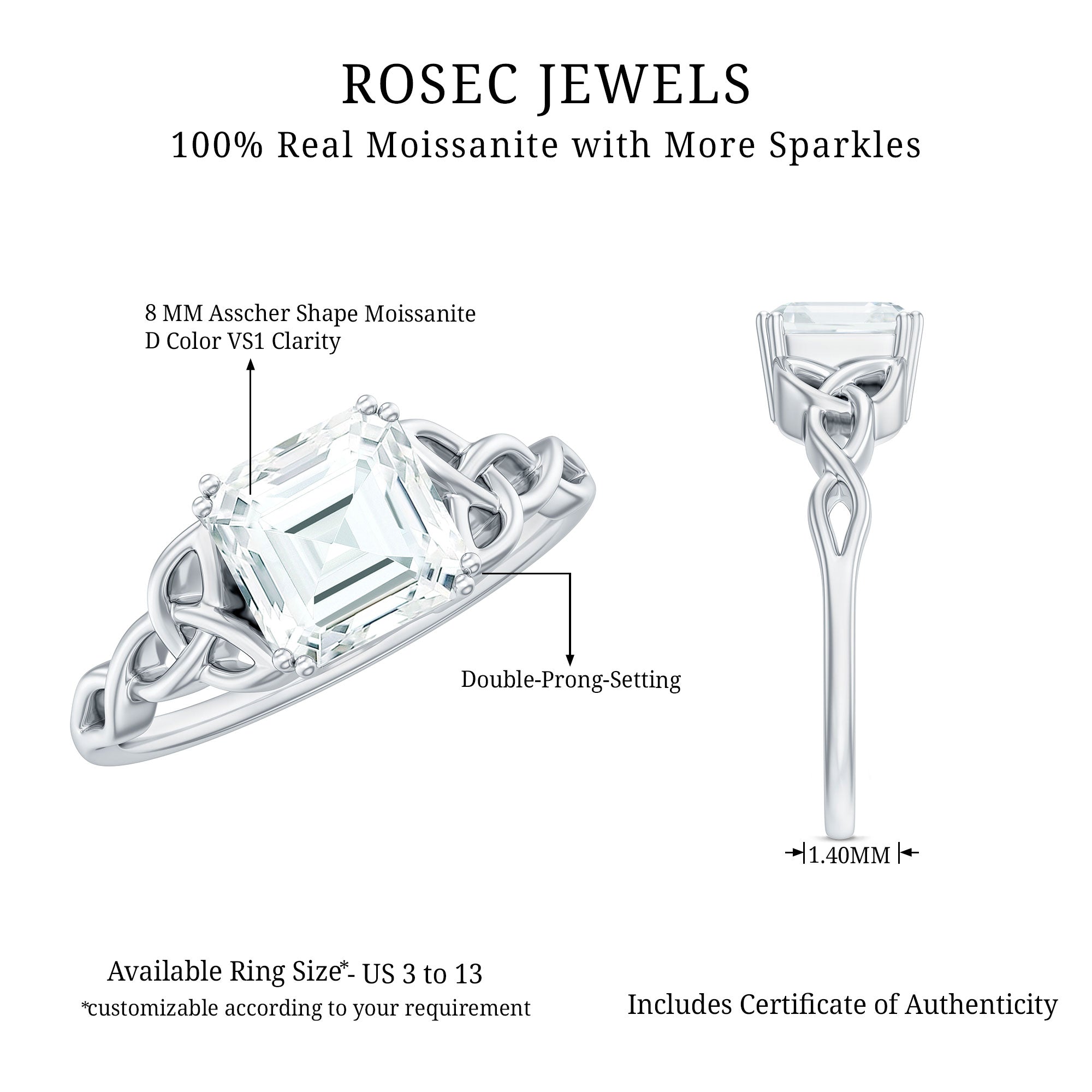 Asscher Cut 8 MM Moissanite Celtic Knot Engagement Ring D-VS1 - Rosec Jewels