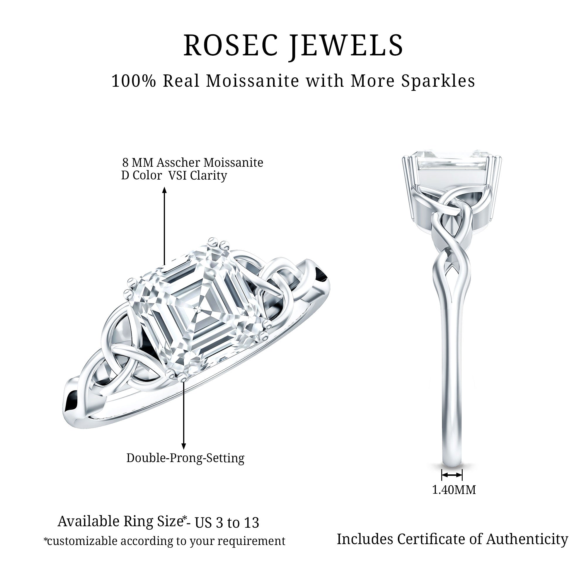 Asscher Cut 3 Carat Moissanite Celtic Knot Engagement Ring D-VS1 - Rosec Jewels