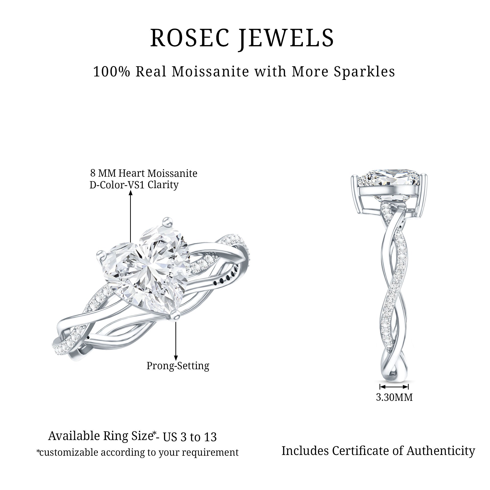 Solitaire Heart Shape Moissanite Braided Engagement Ring D-VS1 - Rosec Jewels