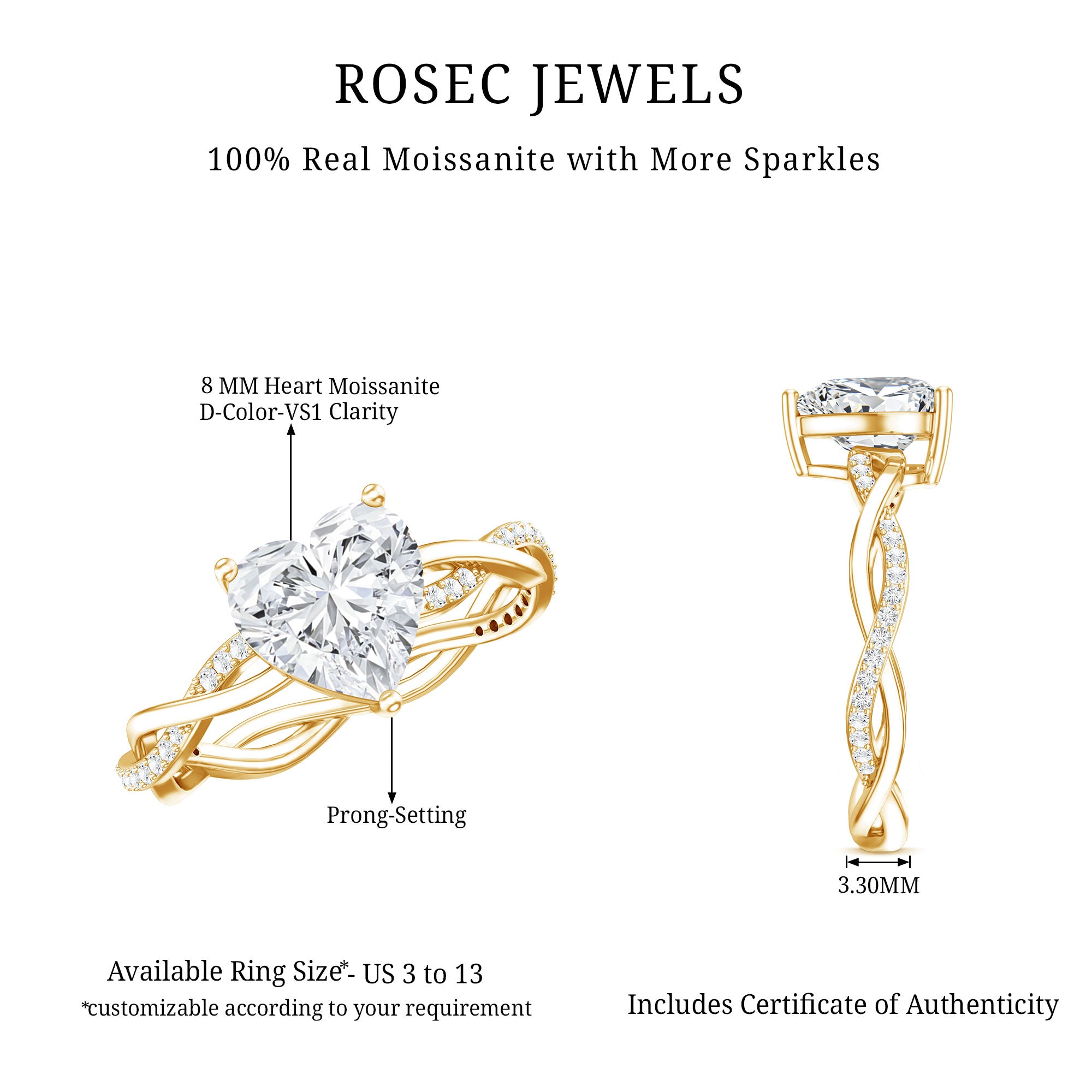 Solitaire Heart Shape Moissanite Braided Engagement Ring D-VS1 - Rosec Jewels