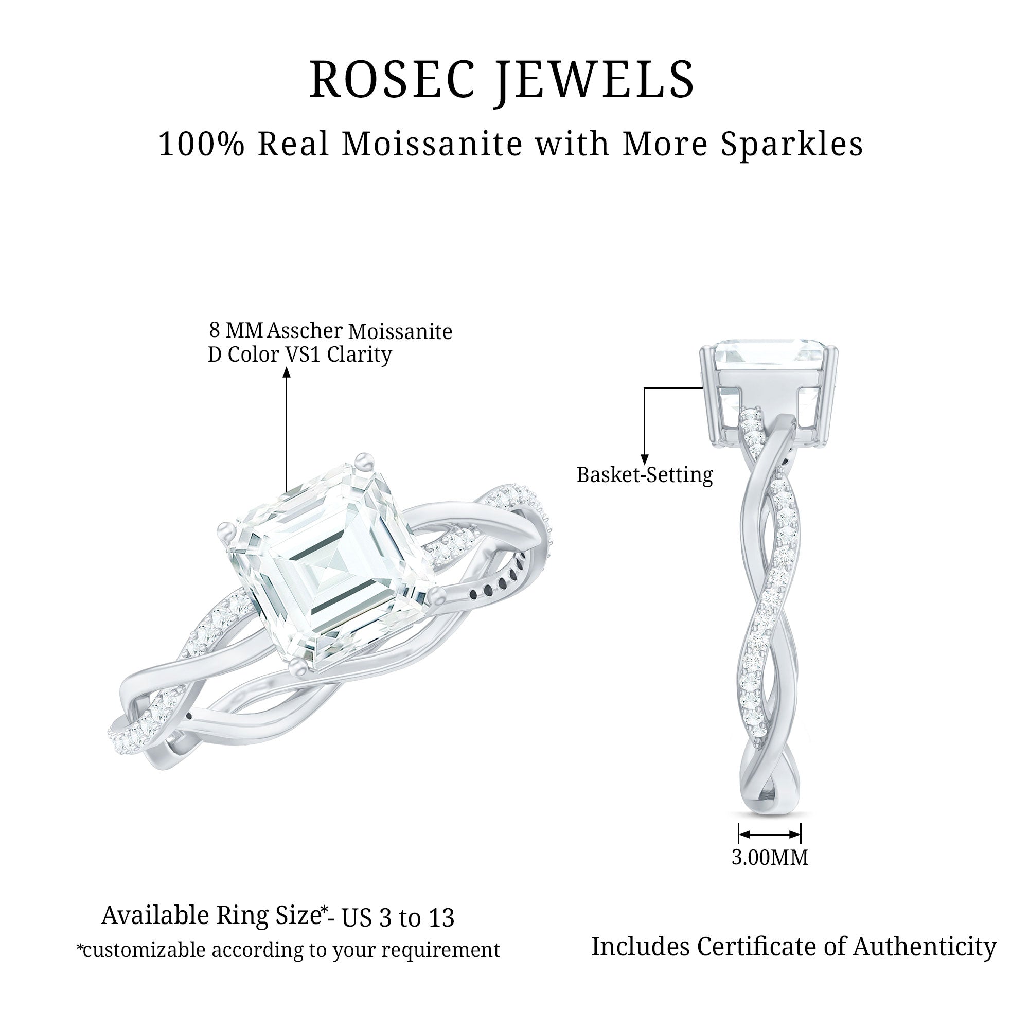 Solitaire Moissanite Asscher Cut Engagement Ring D-VS1 - Rosec Jewels