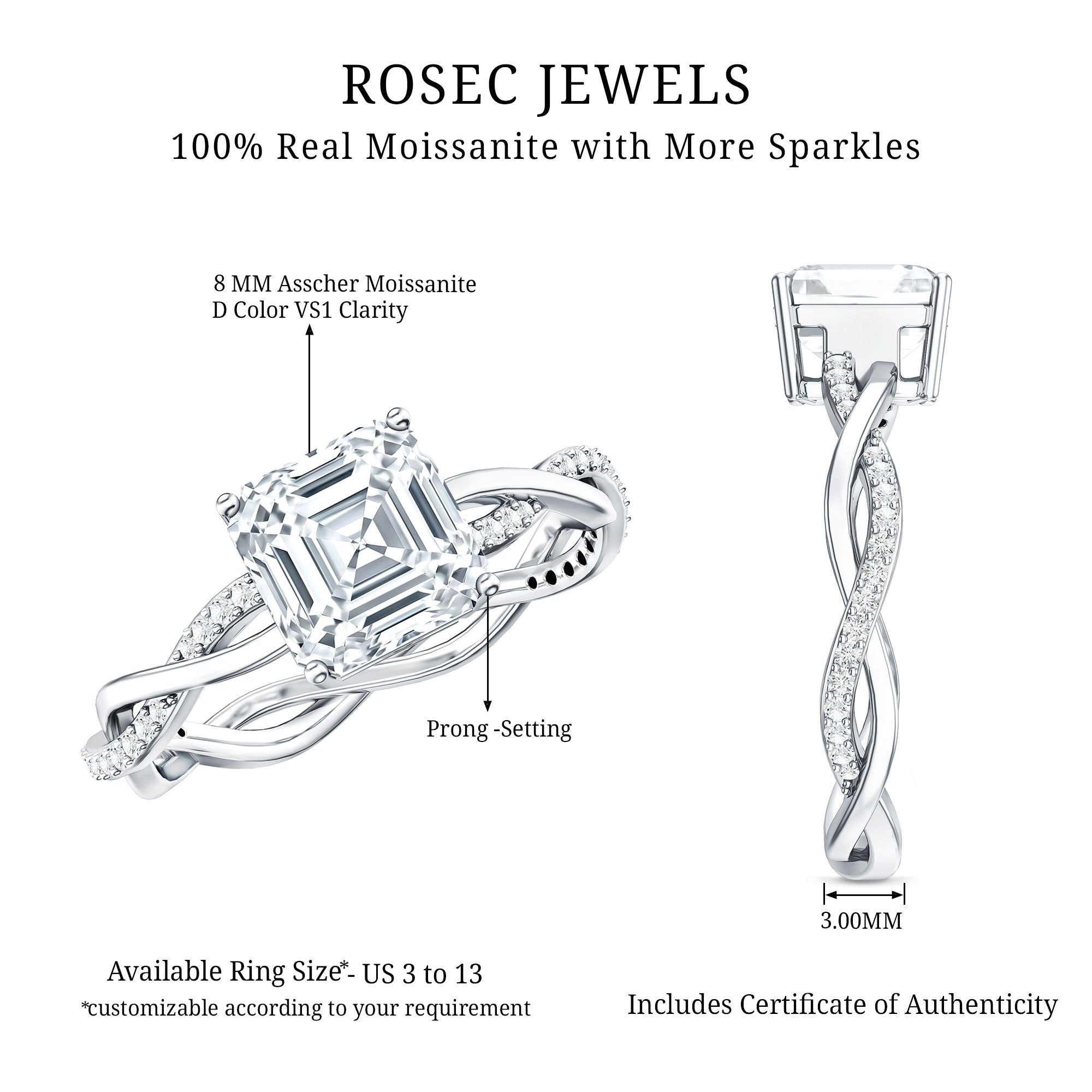 Solitaire Moissanite Asscher Cut Engagement Ring D-VS1 - Rosec Jewels