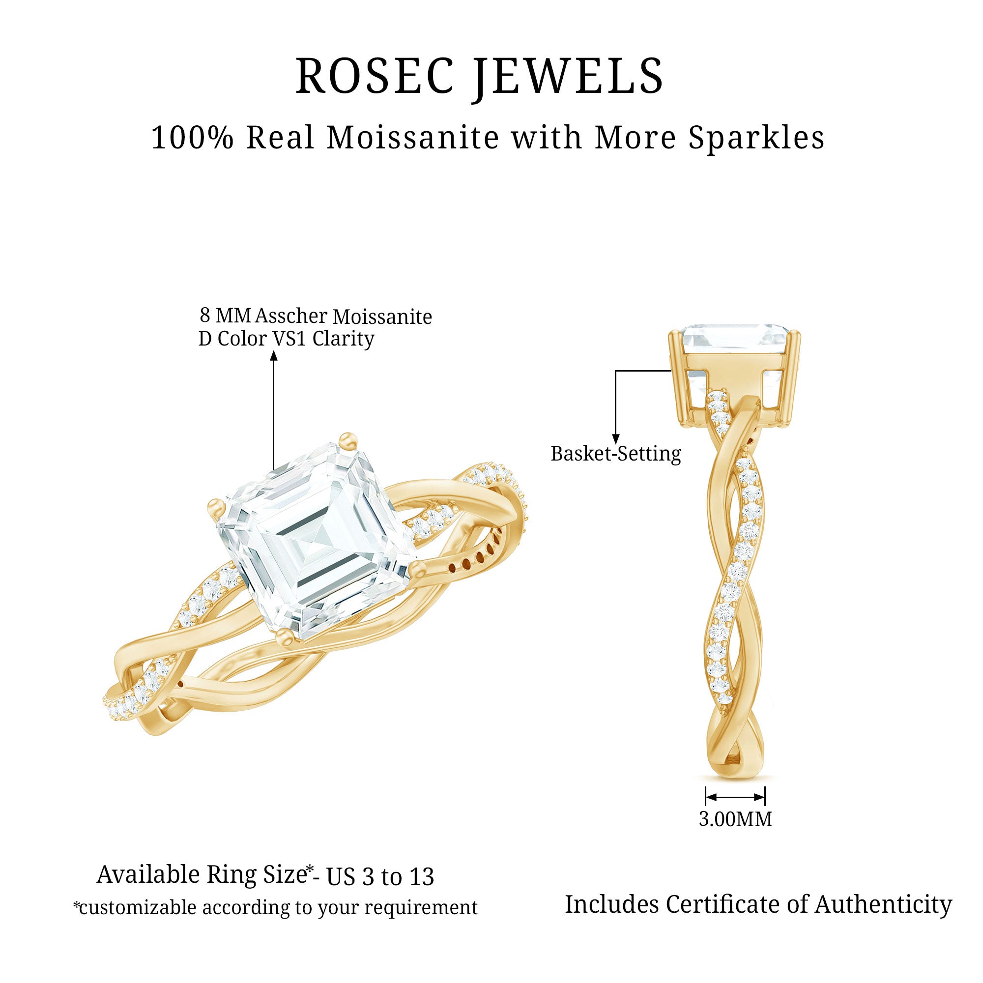 Solitaire Moissanite Asscher Cut Engagement Ring D-VS1 - Rosec Jewels