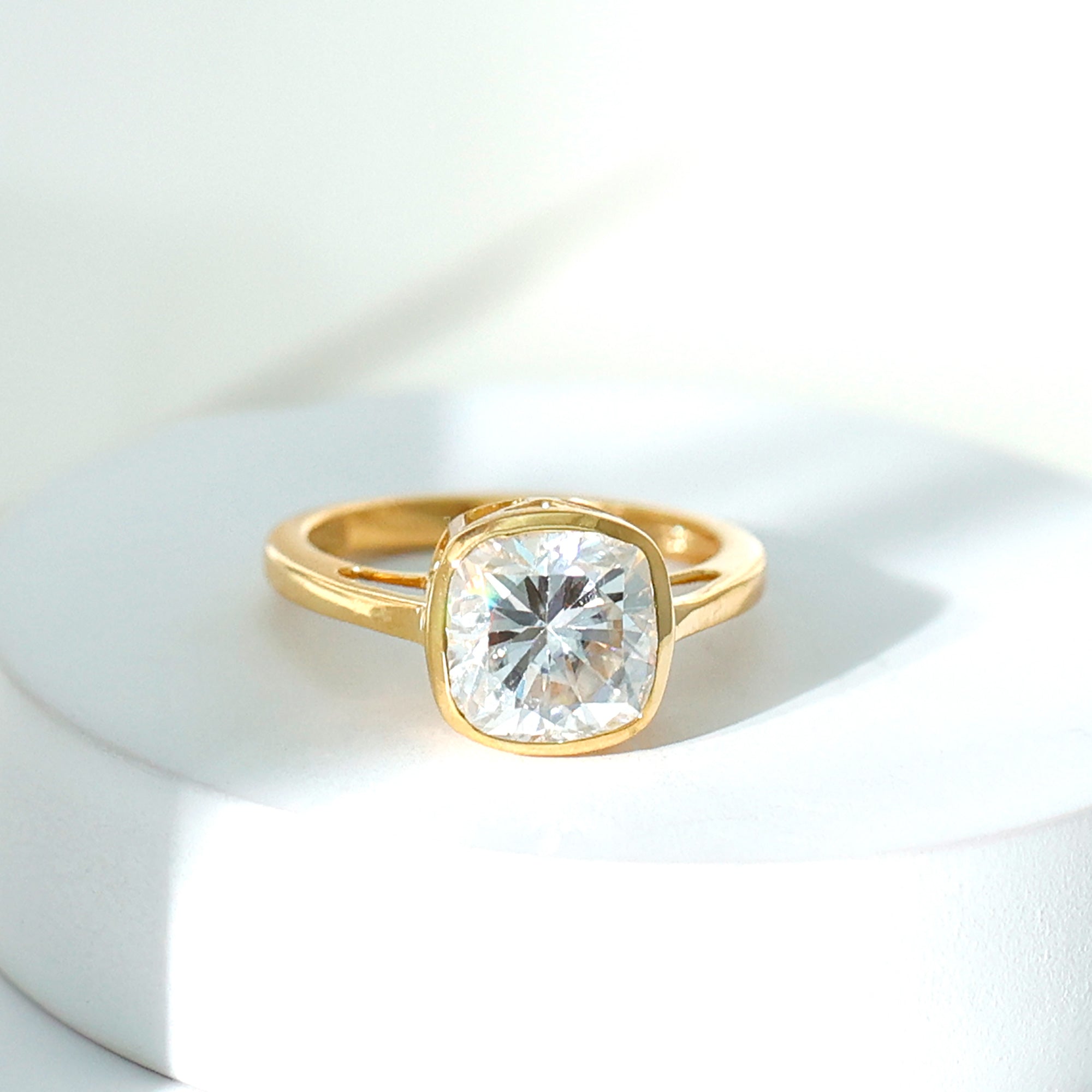 Bezel Set Cushion Cut Moissanite Solitaire Engagement Ring D-VS1 - Rosec Jewels