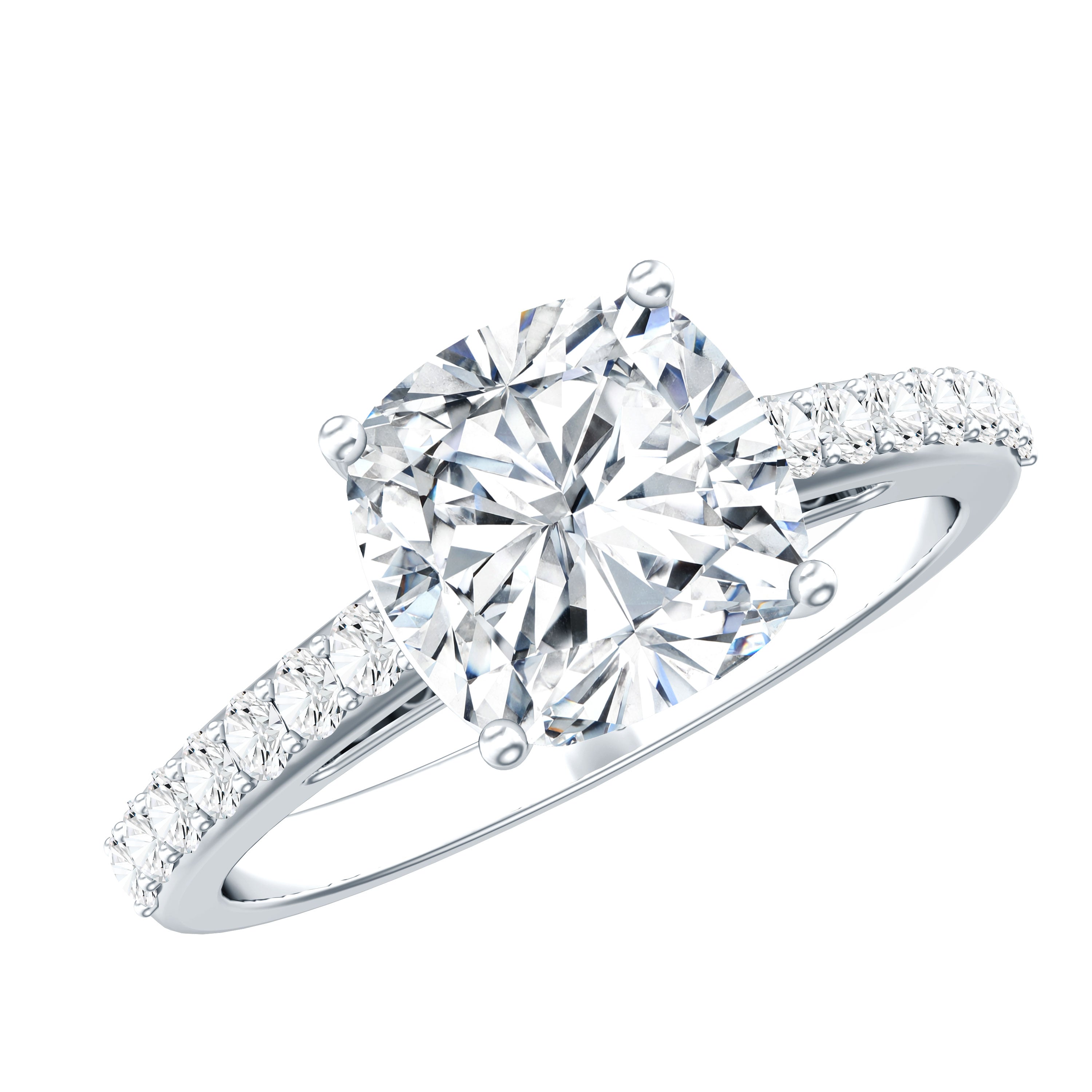 2,50 CT Cushion Cut Moissanite Solitaire Ring in Prong Setting met verborgen halo en zijstenen
