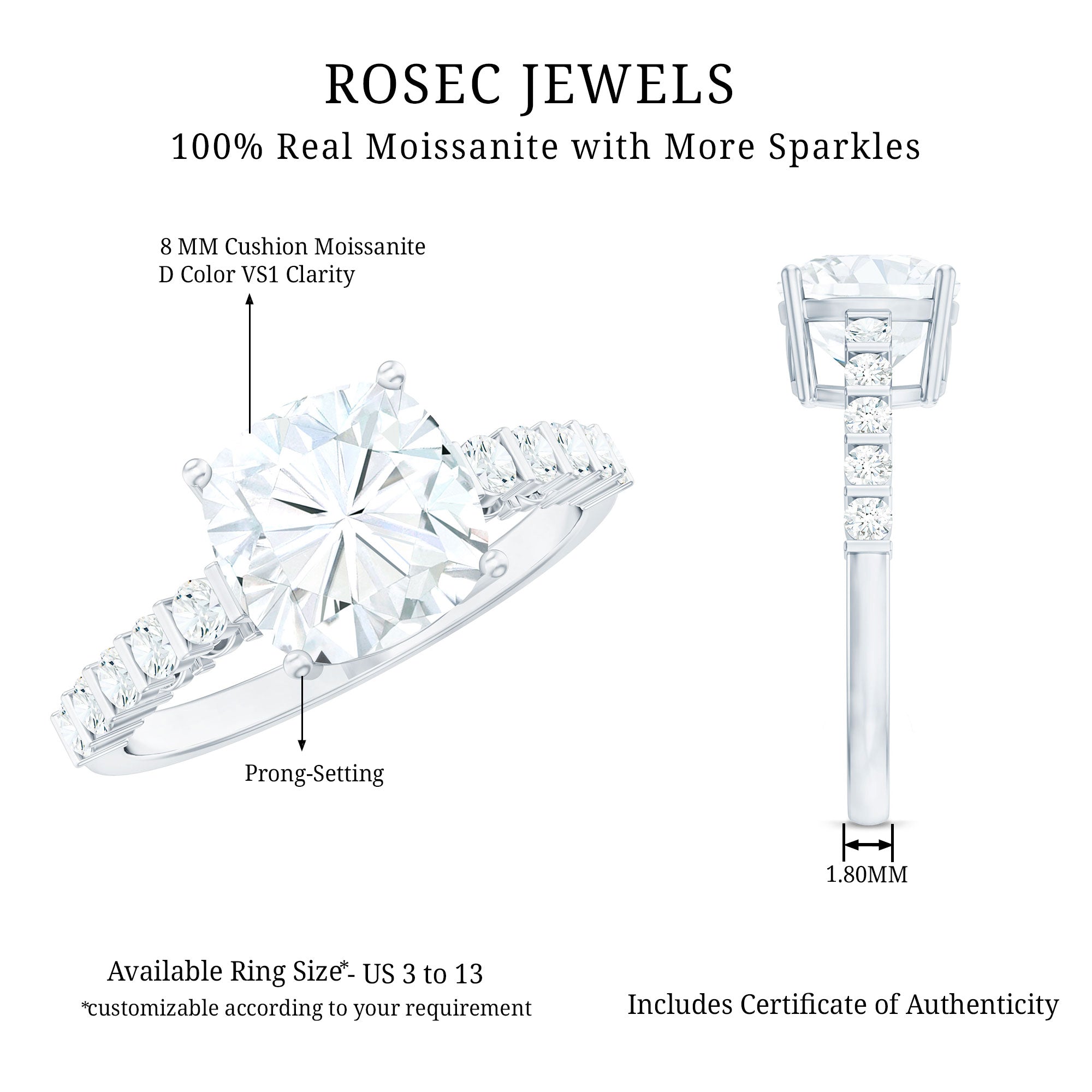 Rosec Jewels-Solitaire Moissanite Cushion Cut Engagement Ring with Side Stones