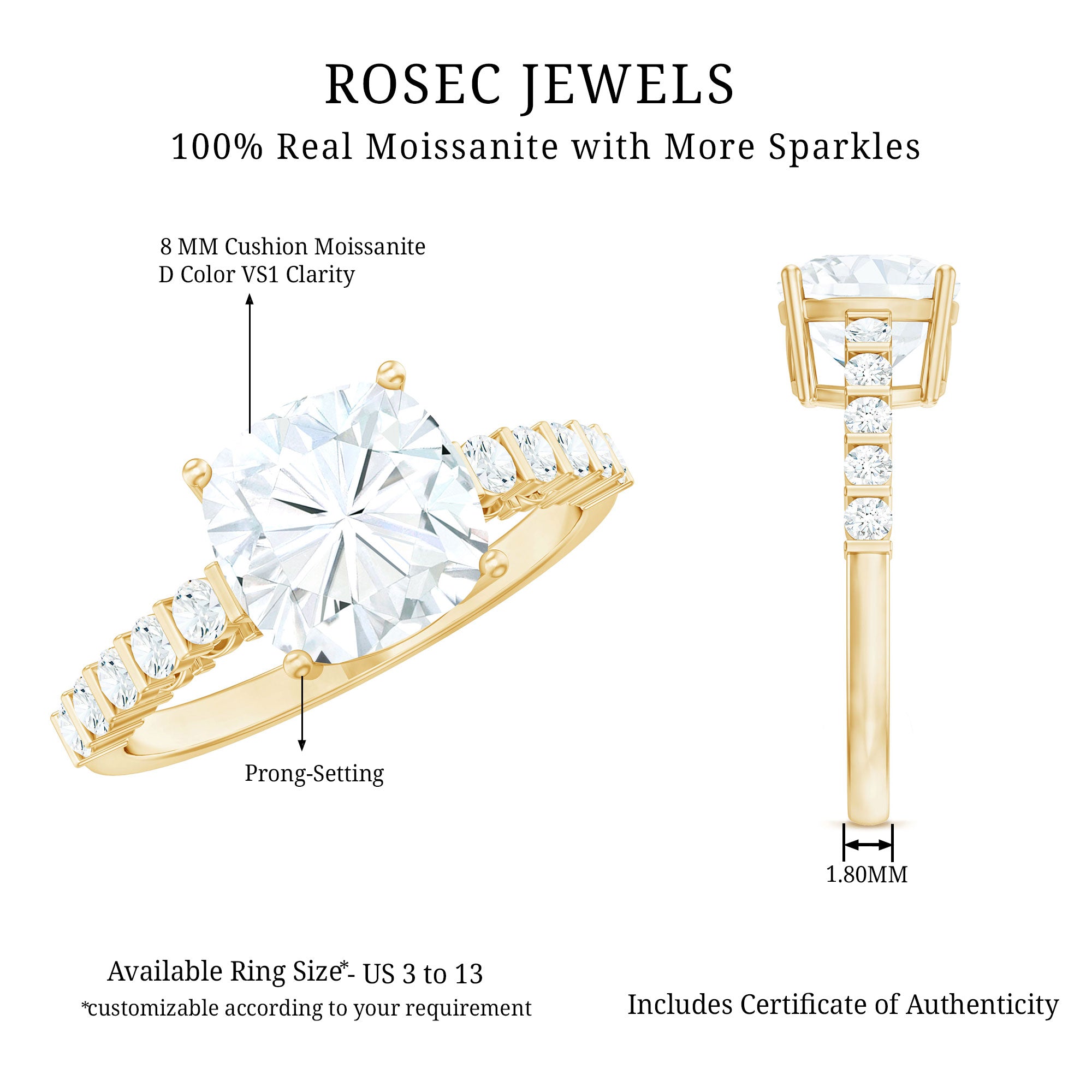 Rosec Jewels-Solitaire Moissanite Cushion Cut Engagement Ring with Side Stones