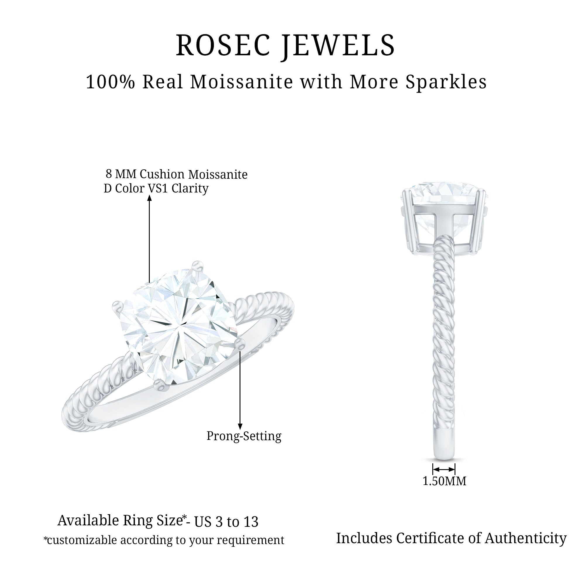 3 CT Certified Moissanite Cushion Cut Engagement Ring D-VS1 - Rosec Jewels