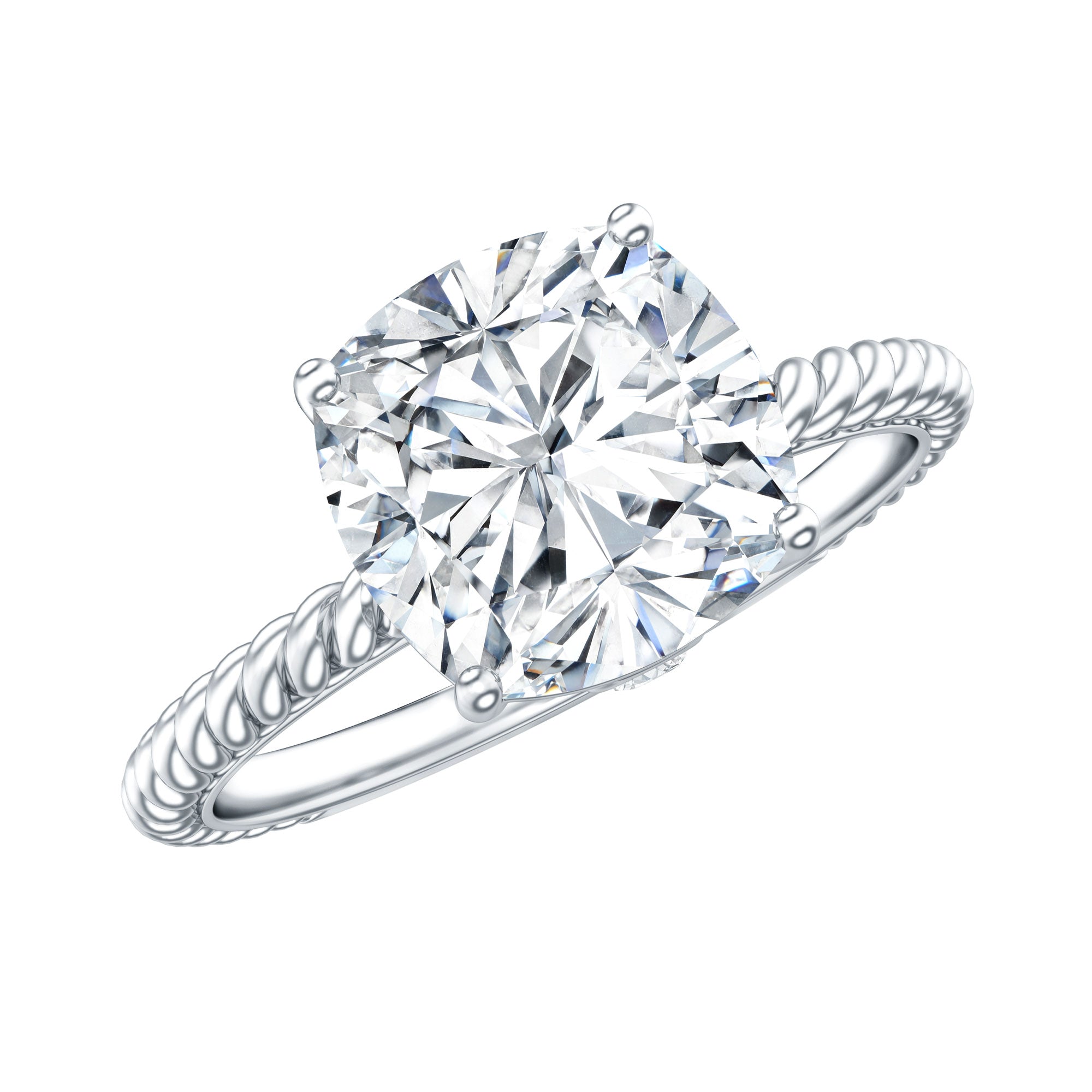 Cushion Cut Moissanite Solitaire Engagement Ring with Twisted Rope D-VS1 - Rosec Jewels