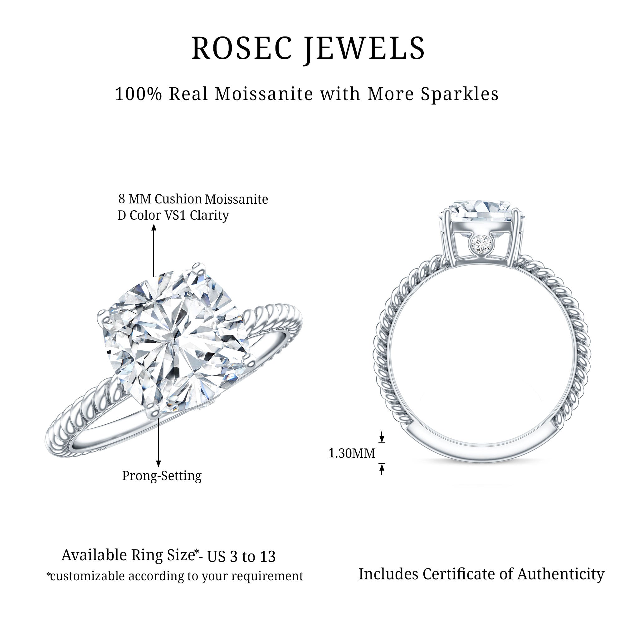 Cushion Cut Moissanite Solitaire Engagement Ring with Twisted Rope D-VS1 - Rosec Jewels