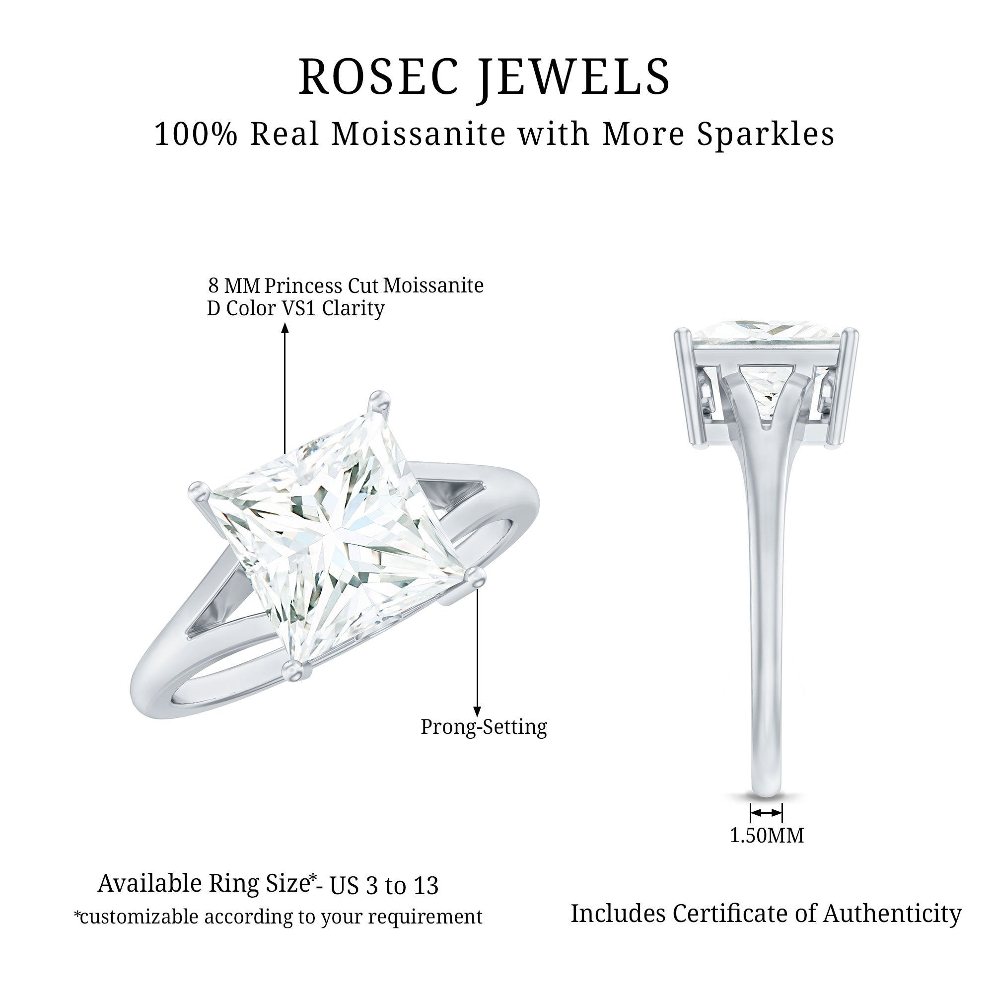Certified 8 MM Moissanite Princess Cut Engagement Ring with Split Shank D-VS1 - Rosec Jewels